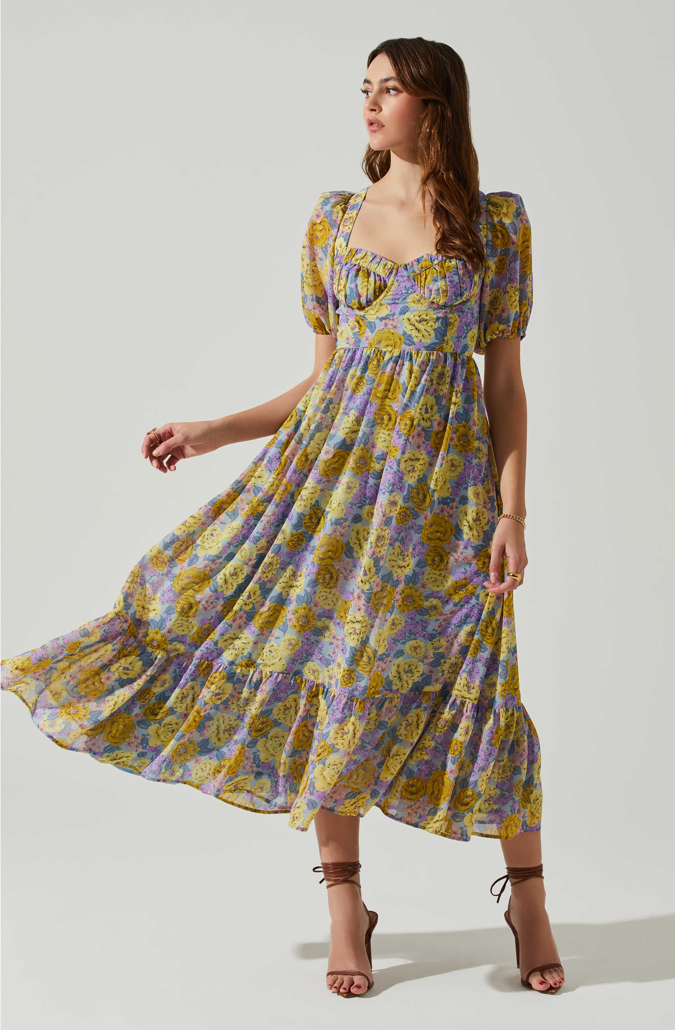 Floral Sweetheart Neck Midi Dress-Aljck