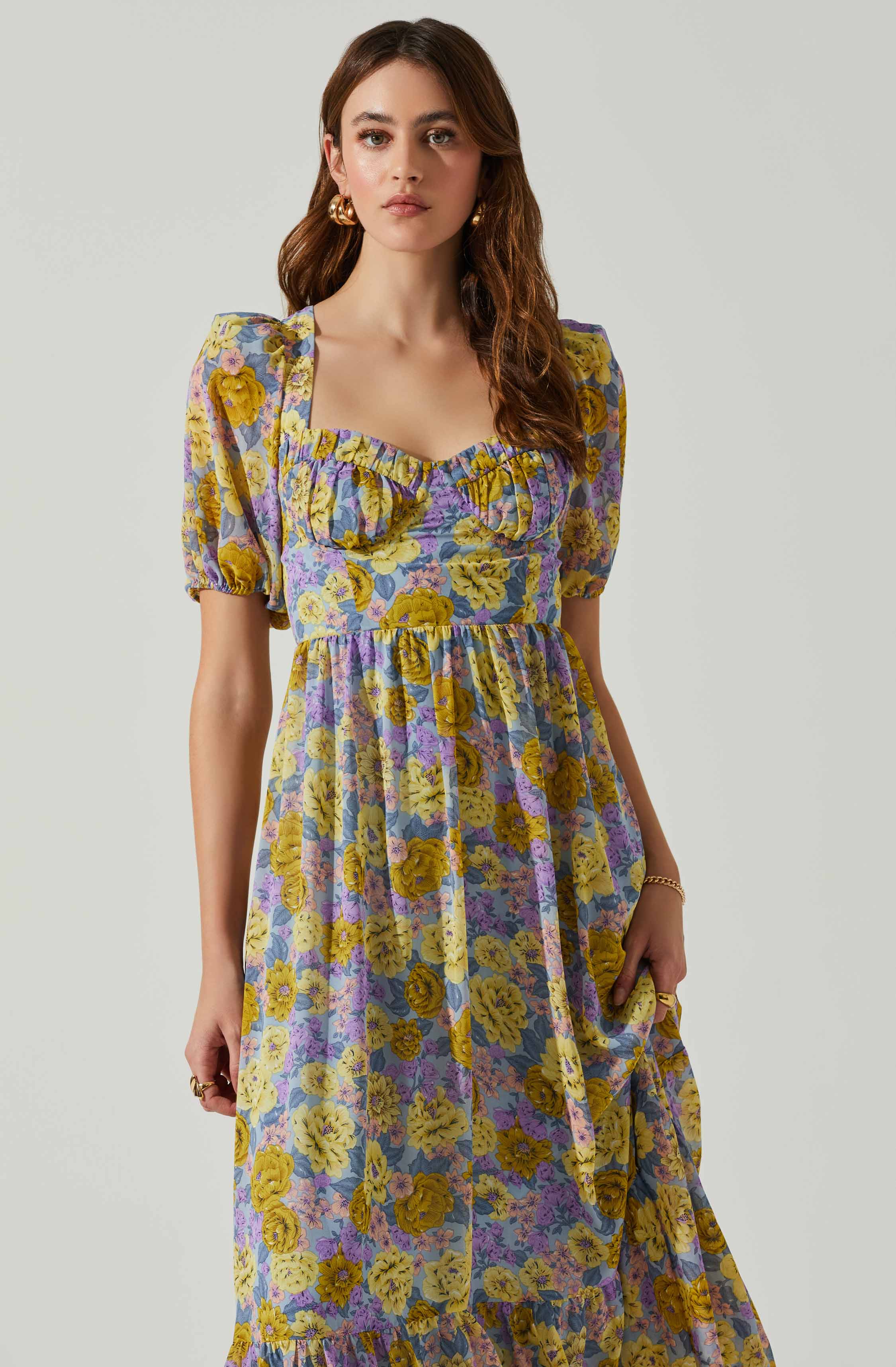 Floral Sweetheart Neck Midi Dress-Aljck