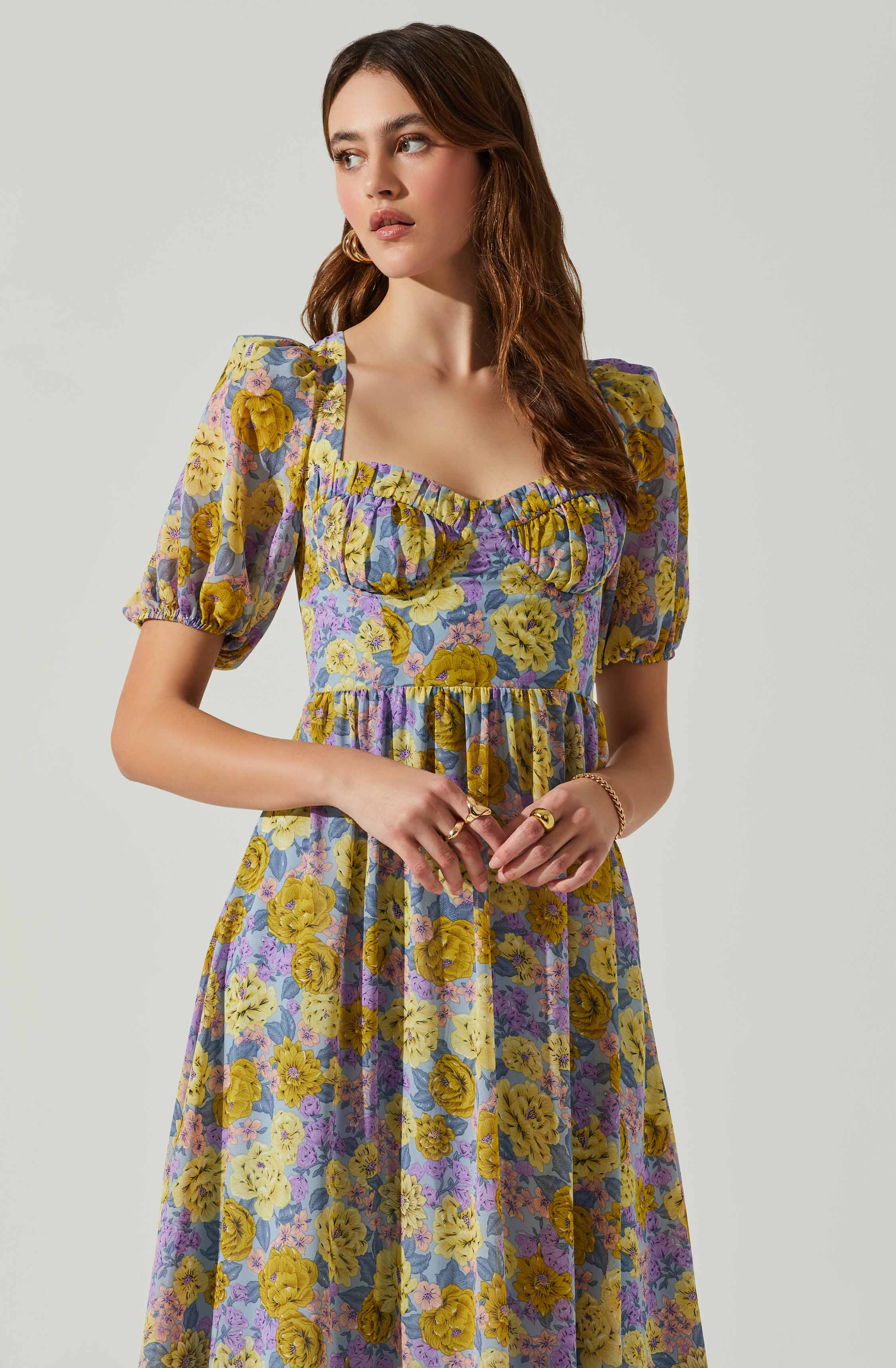 Floral Sweetheart Neck Midi Dress-Aljck