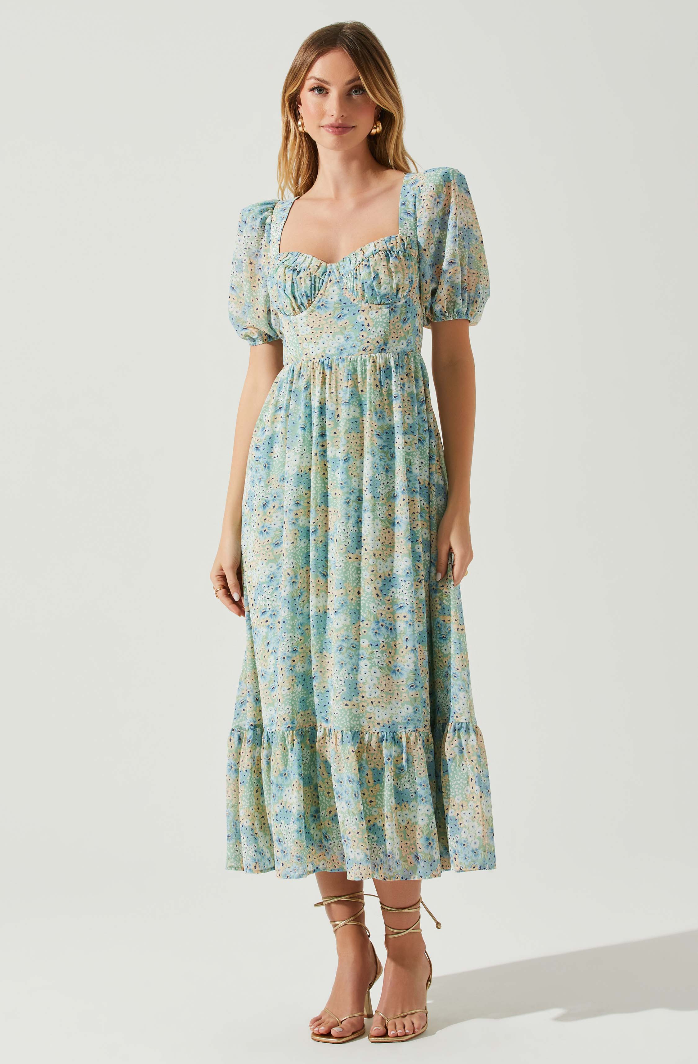 Floral Sweetheart Neck Midi Dress-Aljck