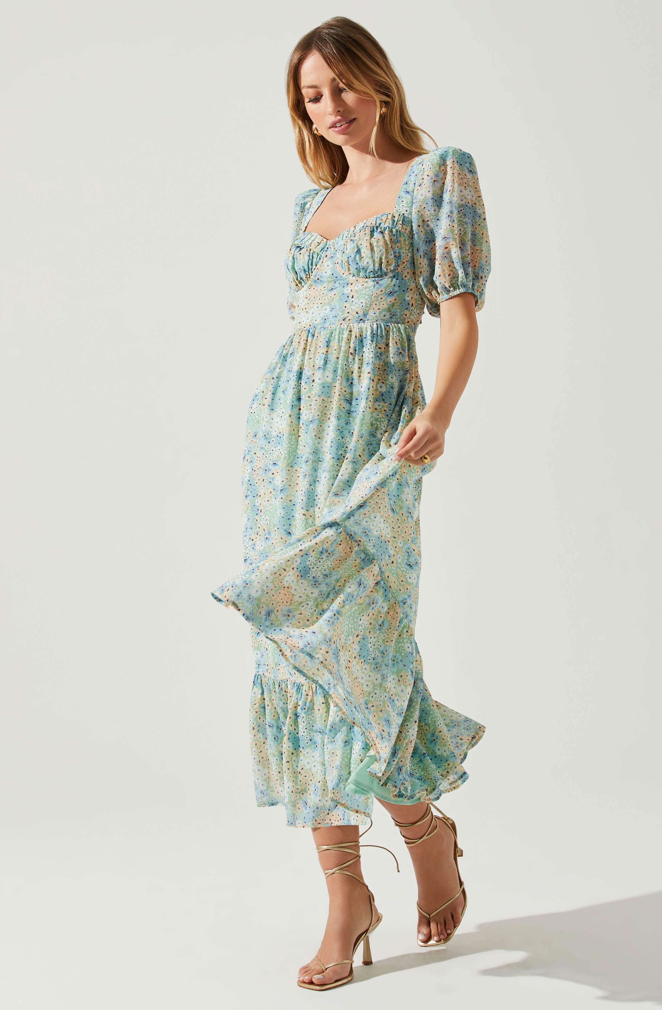 Floral Sweetheart Neck Midi Dress-Aljck