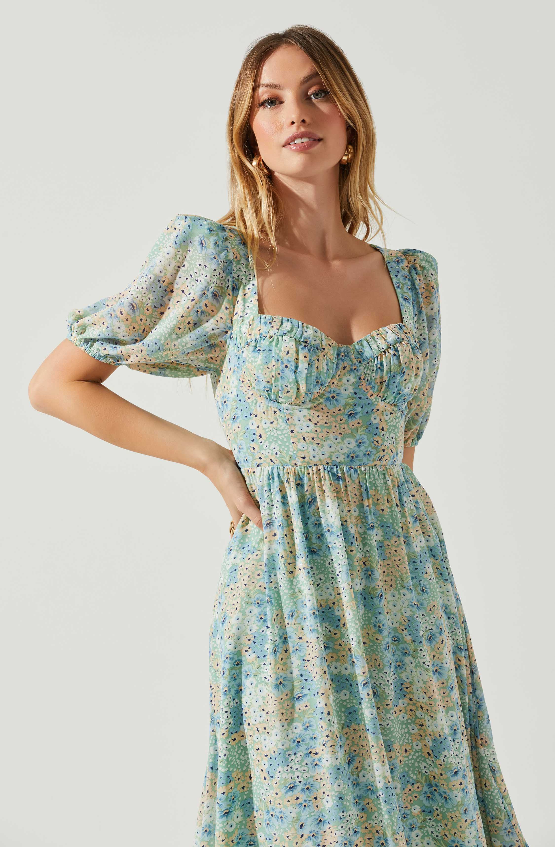 Floral Sweetheart Neck Midi Dress-Aljck