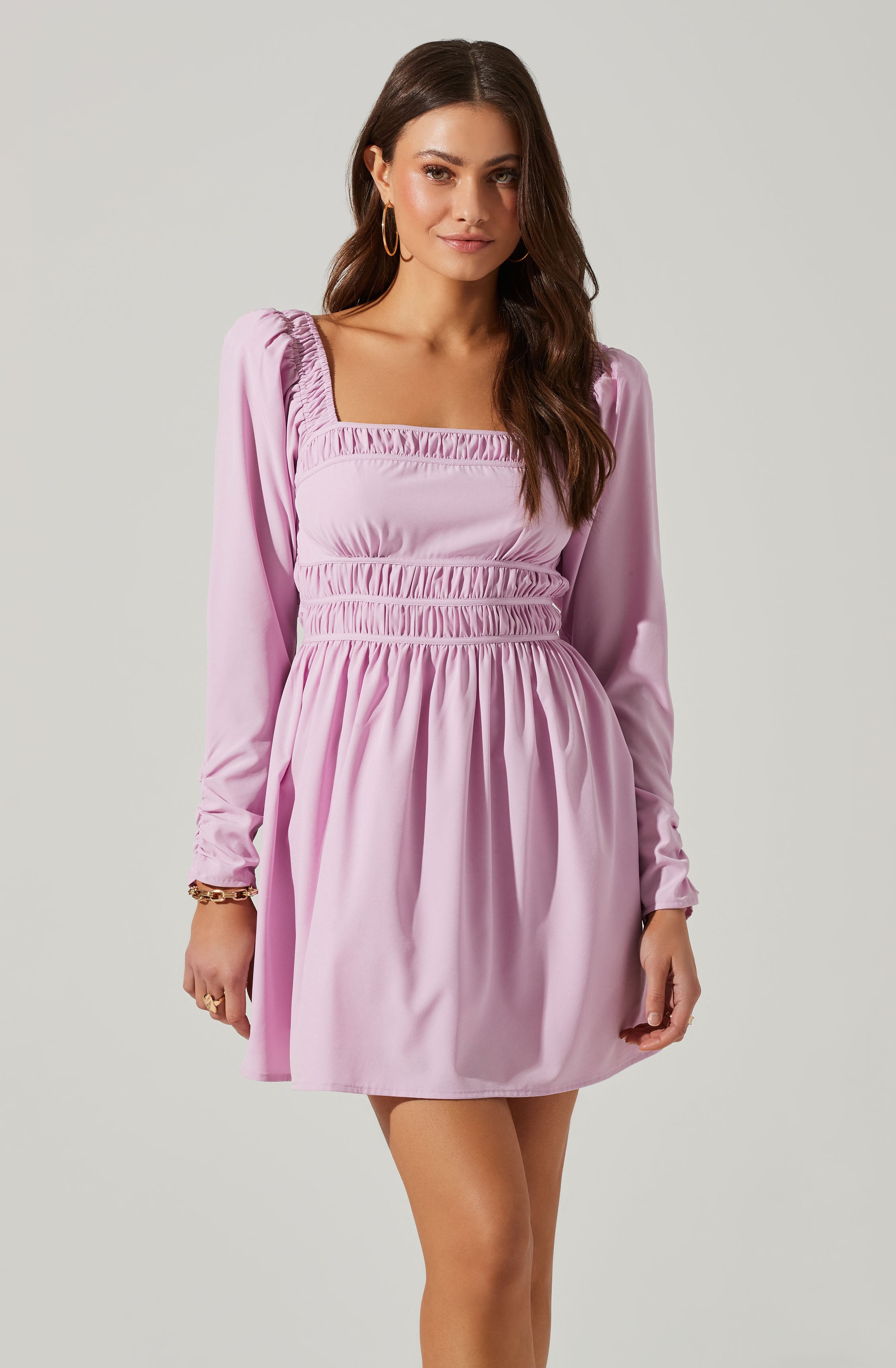 Cinched Waist Long Sleeve Mini Dress-Aljck