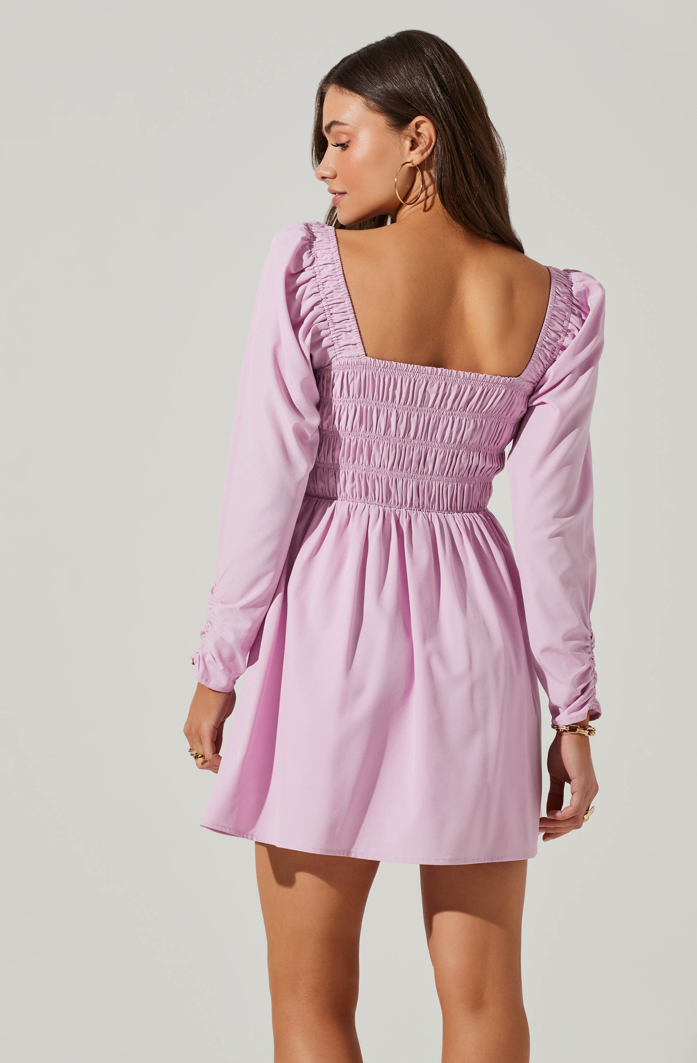 Cinched Waist Long Sleeve Mini Dress-Aljck