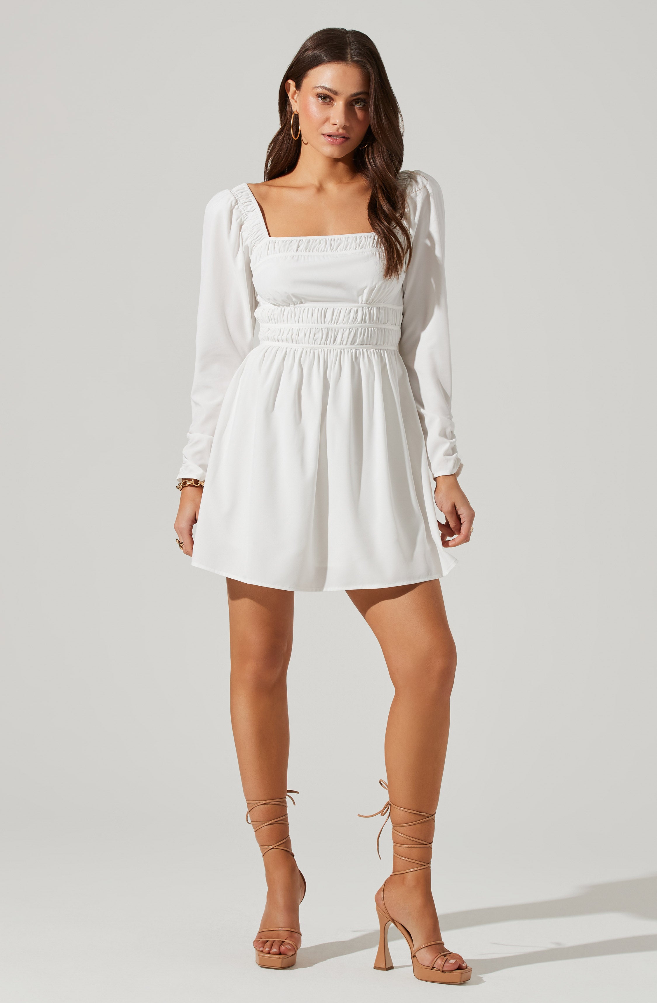 Cinched Waist Long Sleeve Mini Dress-Aljck