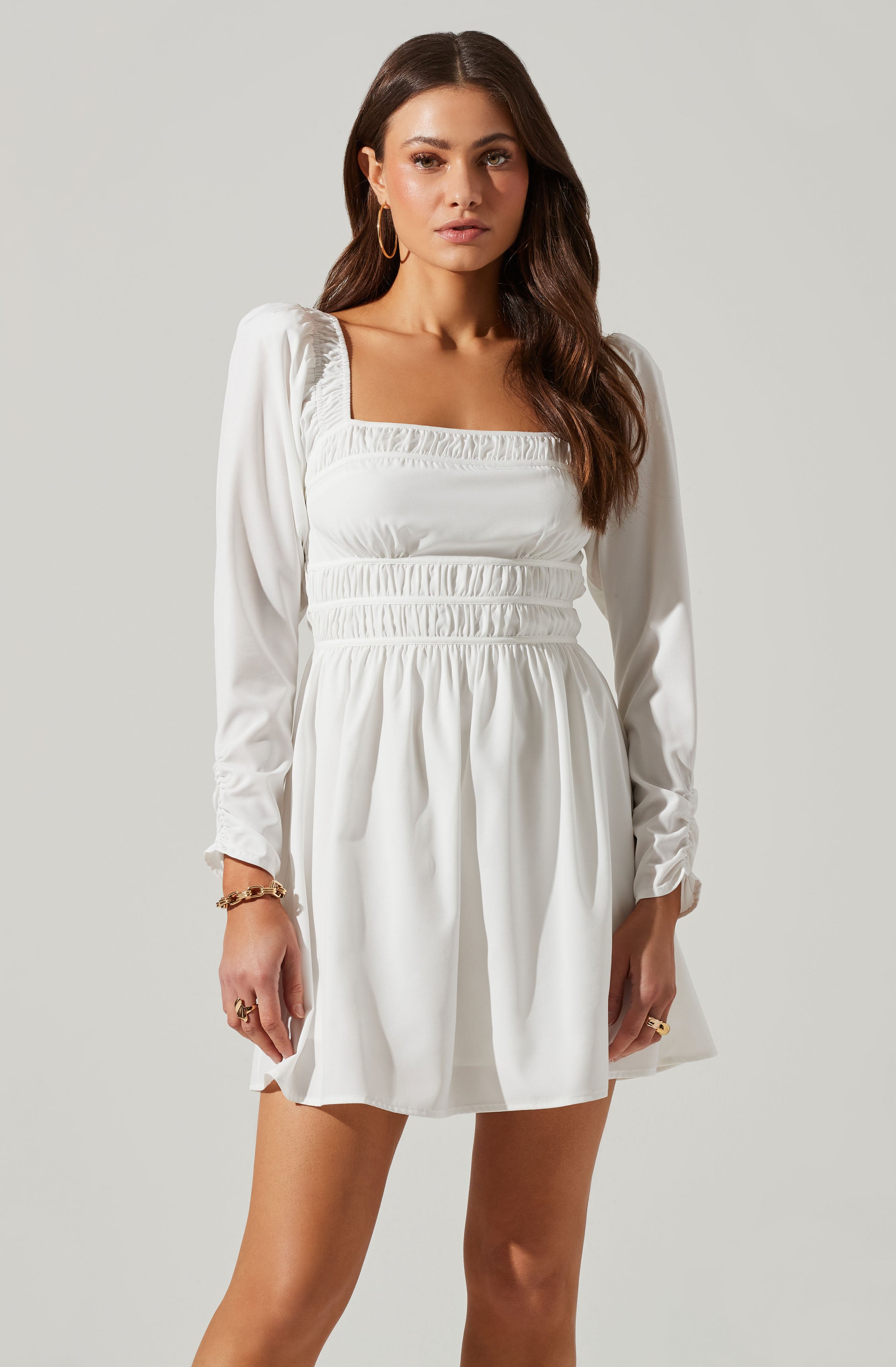 Cinched Waist Long Sleeve Mini Dress-Aljck