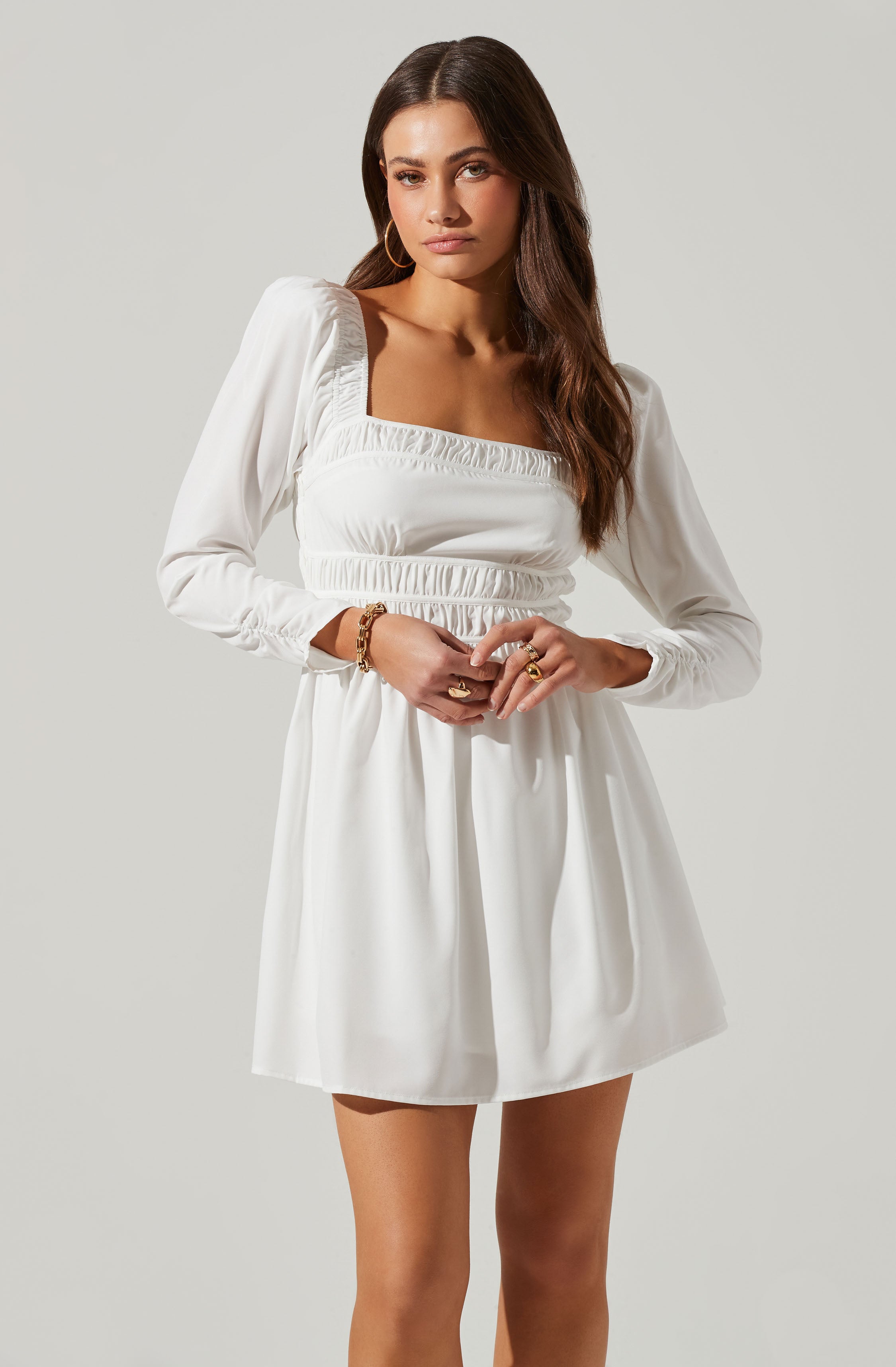 Cinched Waist Long Sleeve Mini Dress-Aljck