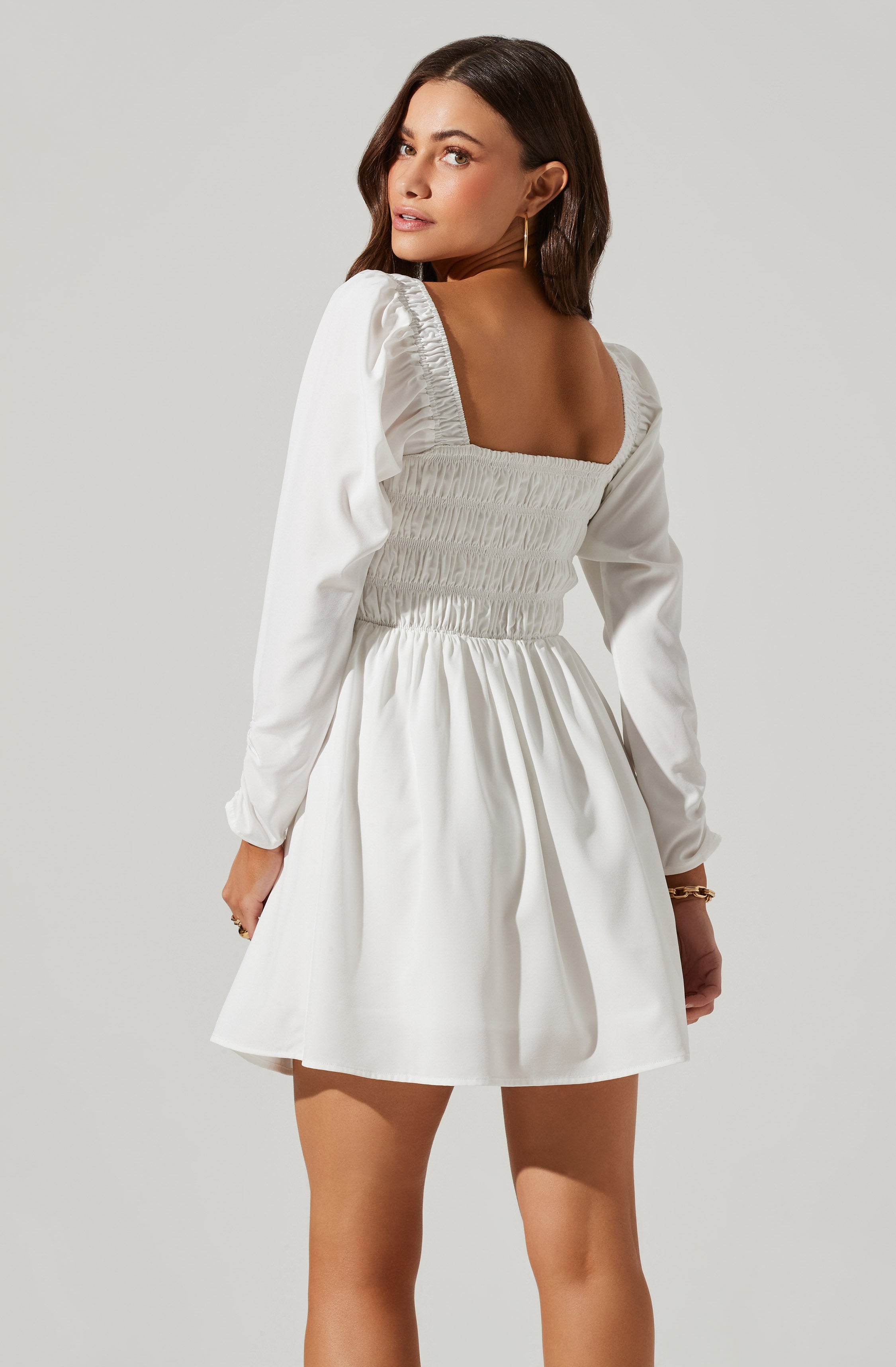 Cinched Waist Long Sleeve Mini Dress-Aljck