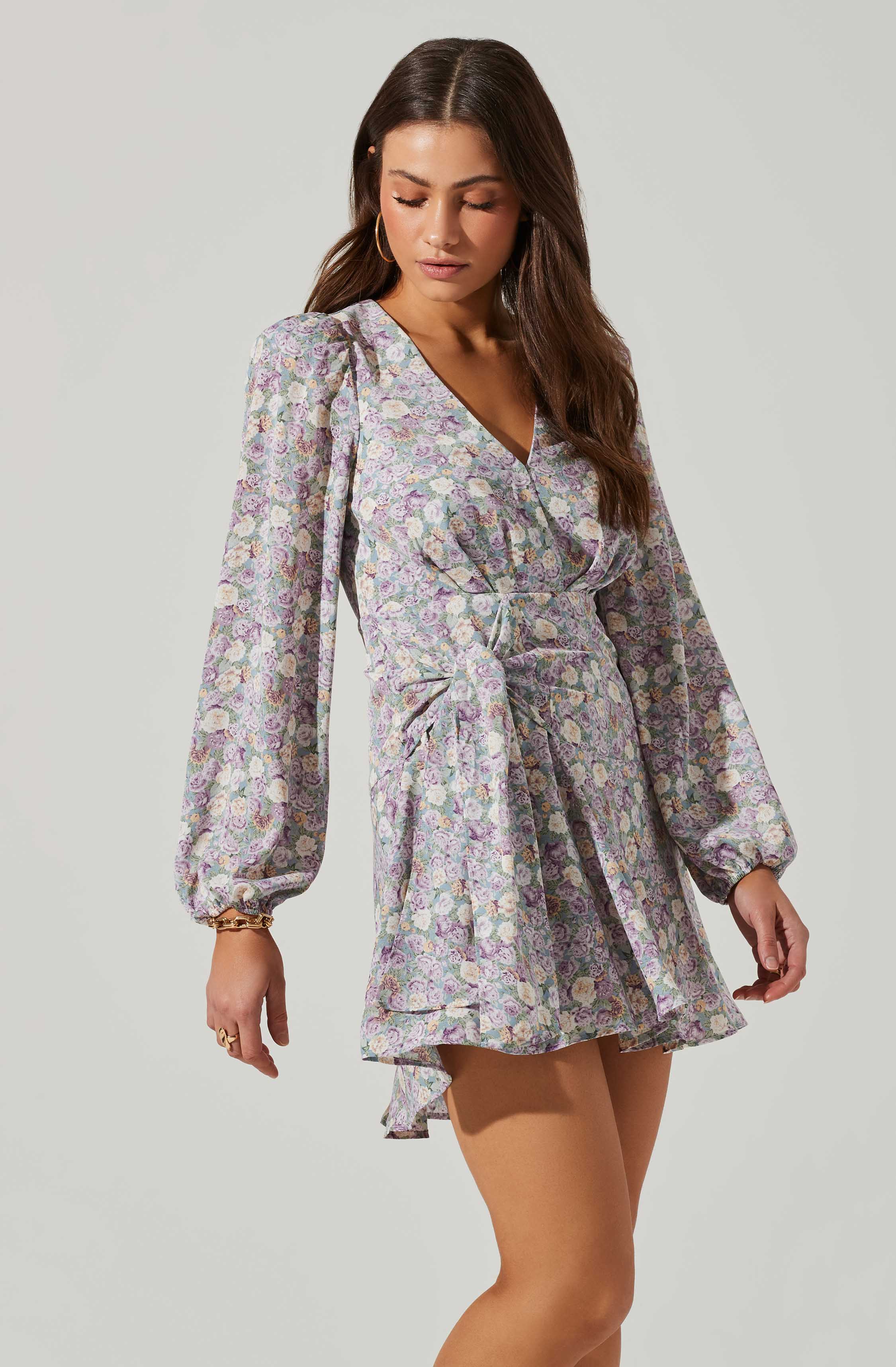 Floral Long Sleeve Side Tie V Neck Mini Dress-Aljck