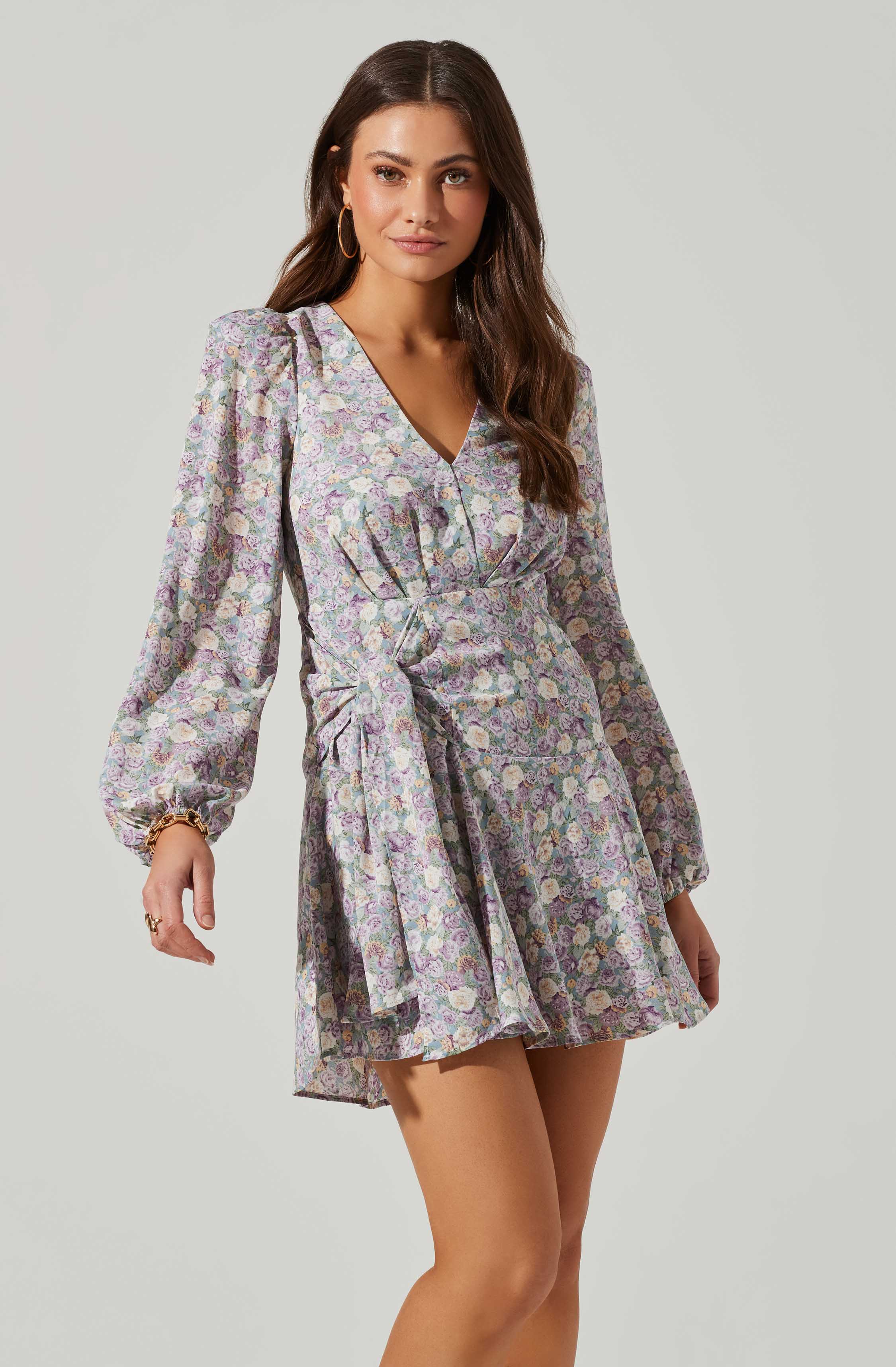 Floral Long Sleeve Side Tie V Neck Mini Dress-Aljck
