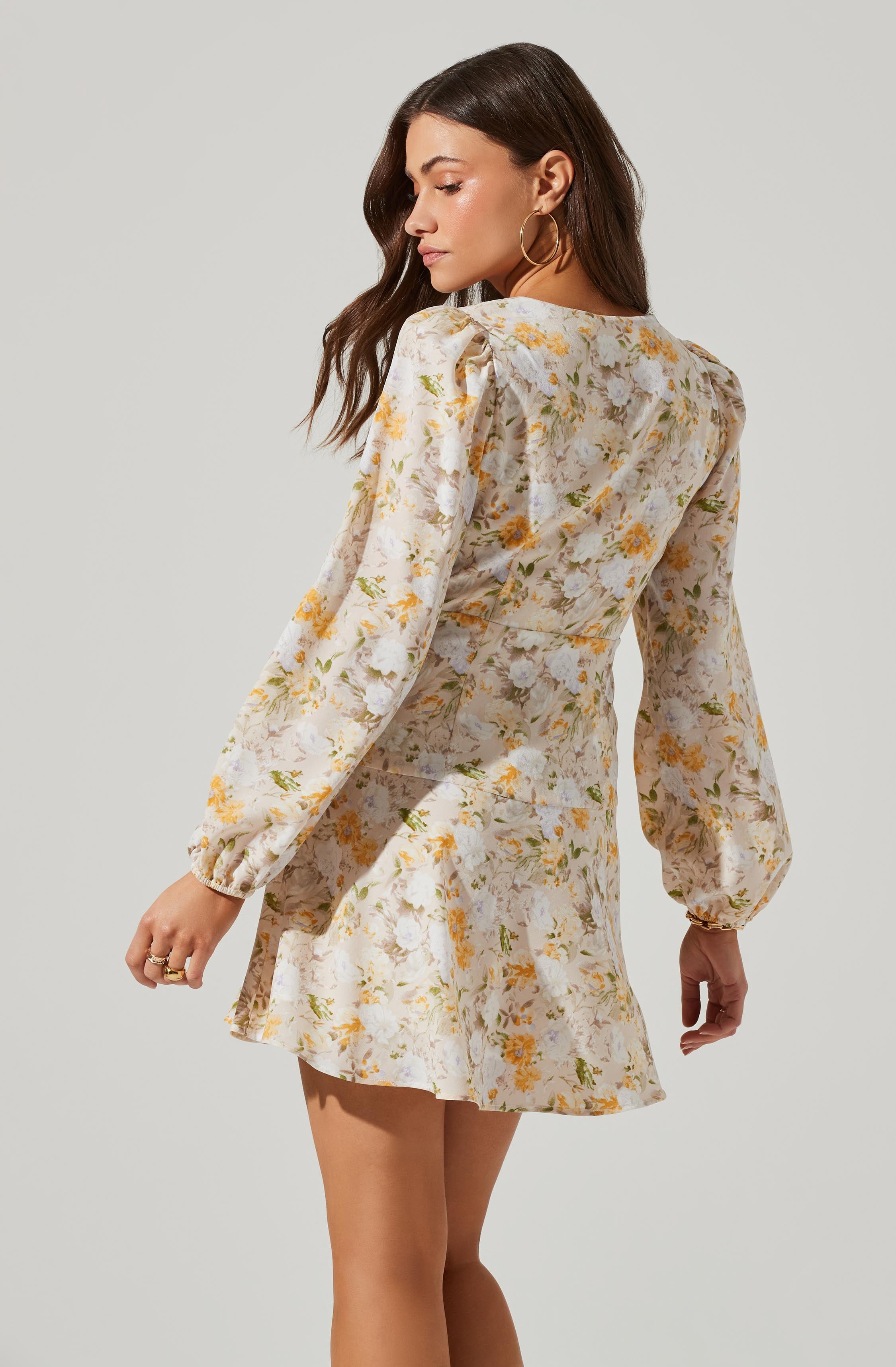 Floral Long Sleeve Side Tie V Neck Mini Dress-Aljck