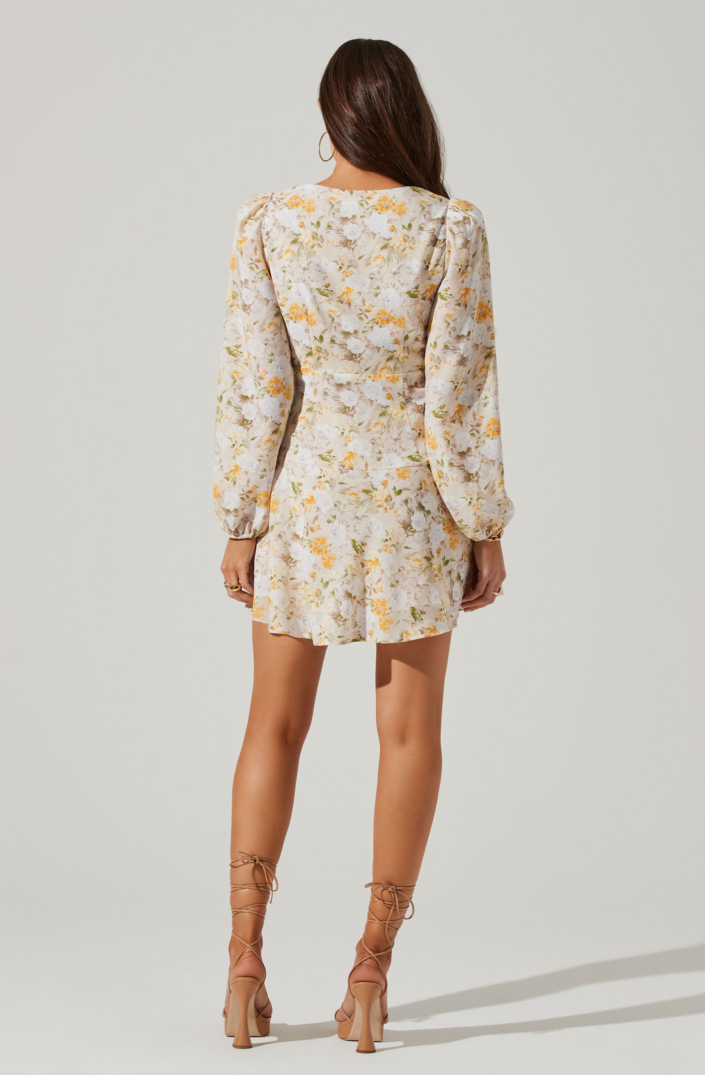 Floral Long Sleeve Side Tie V Neck Mini Dress-Aljck
