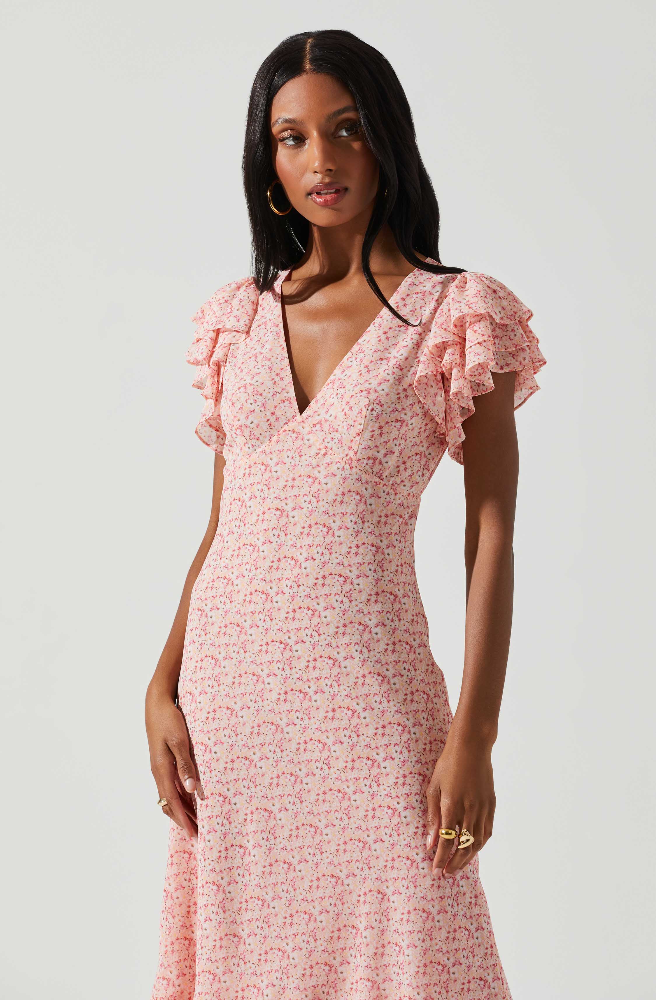Celestine Floral Ruffle Midi Dress-Aljck