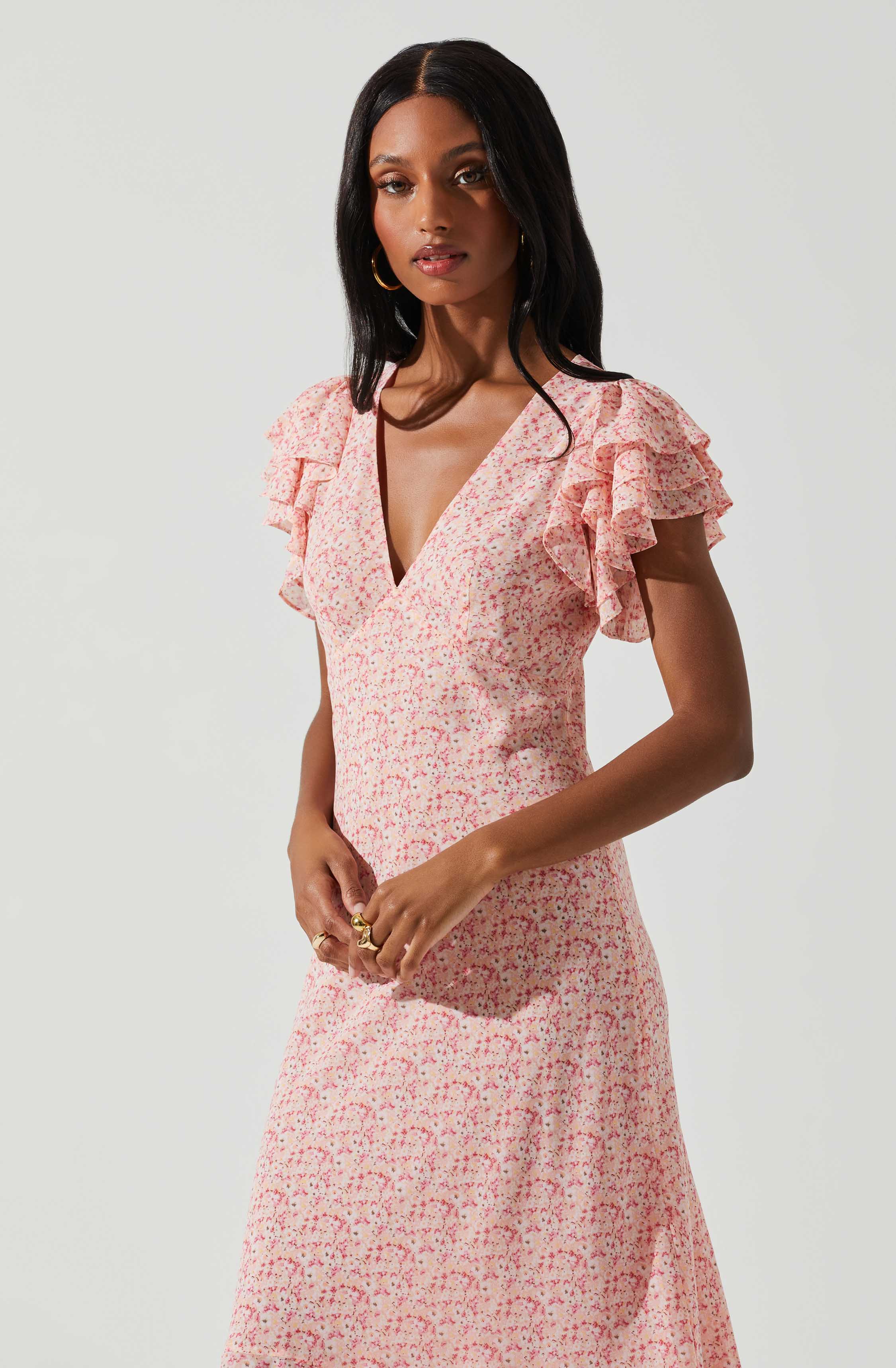 Celestine Floral Ruffle Midi Dress-Aljck