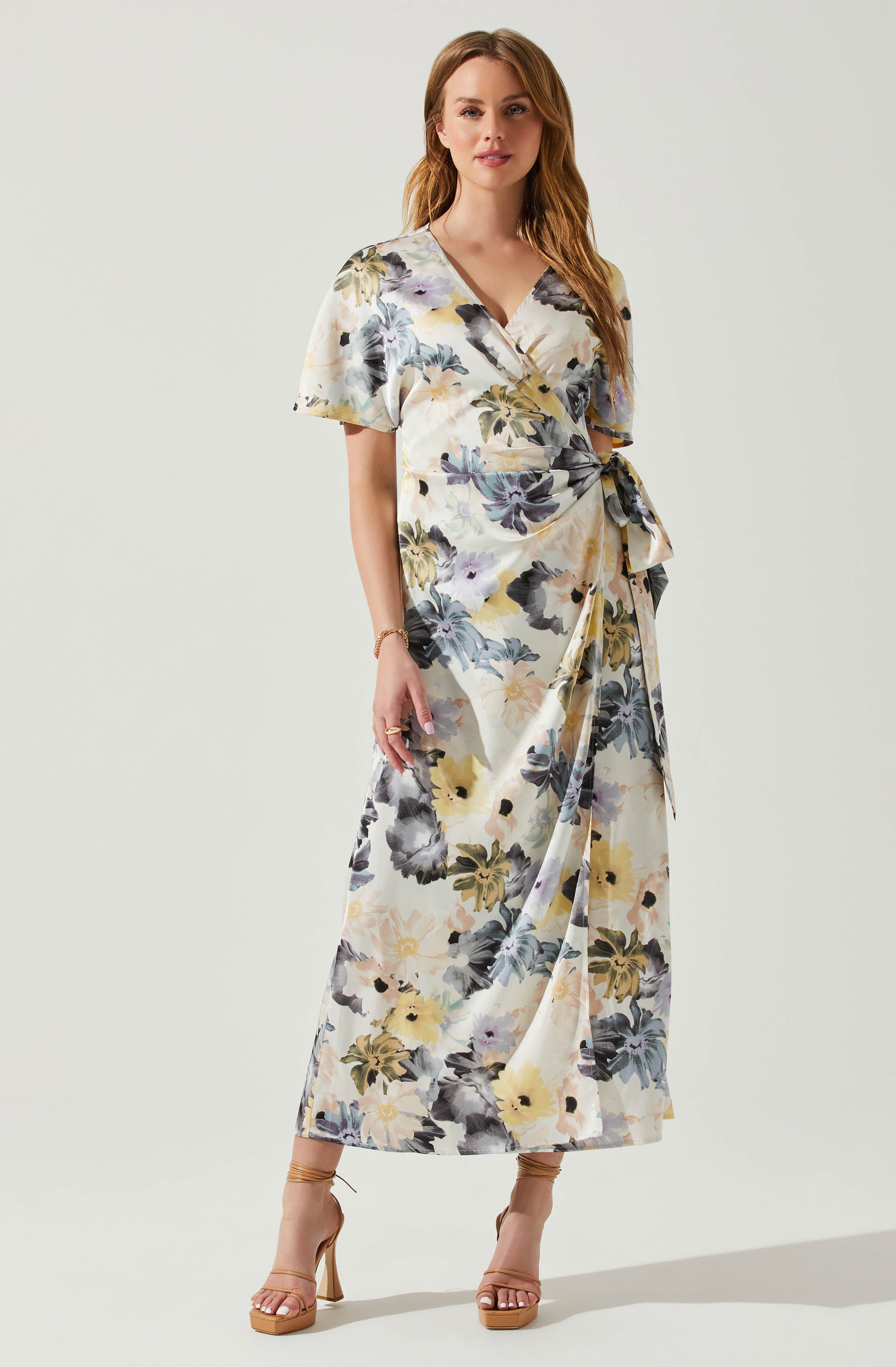 Floral Short Sleeve Wrap Front Maxi Dress-Aljck