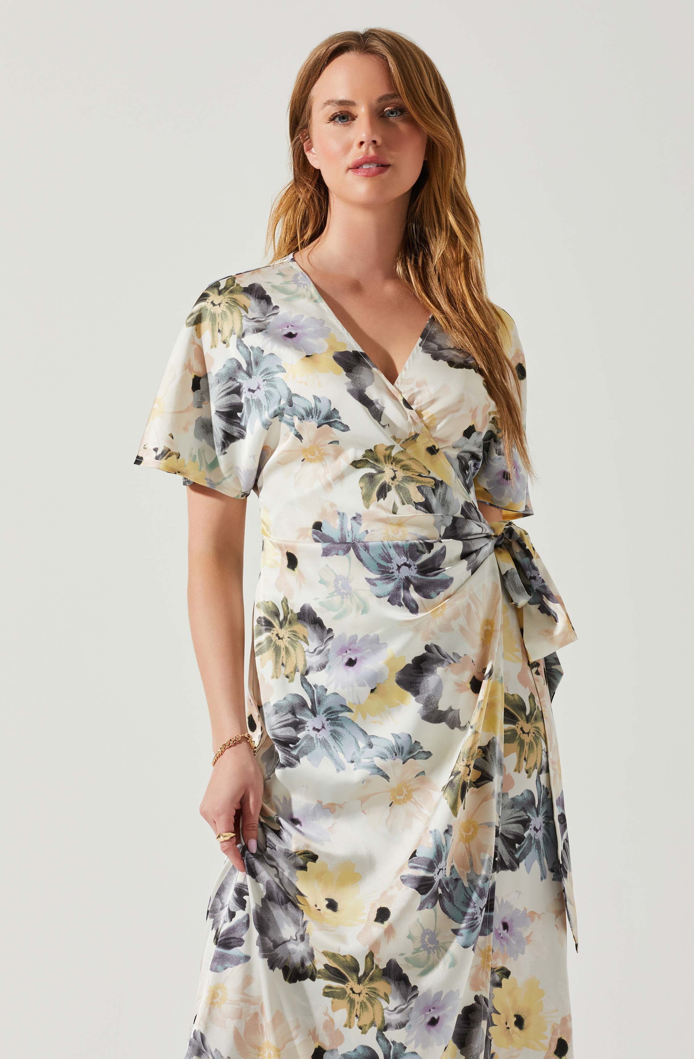 Floral Short Sleeve Wrap Front Maxi Dress-Aljck