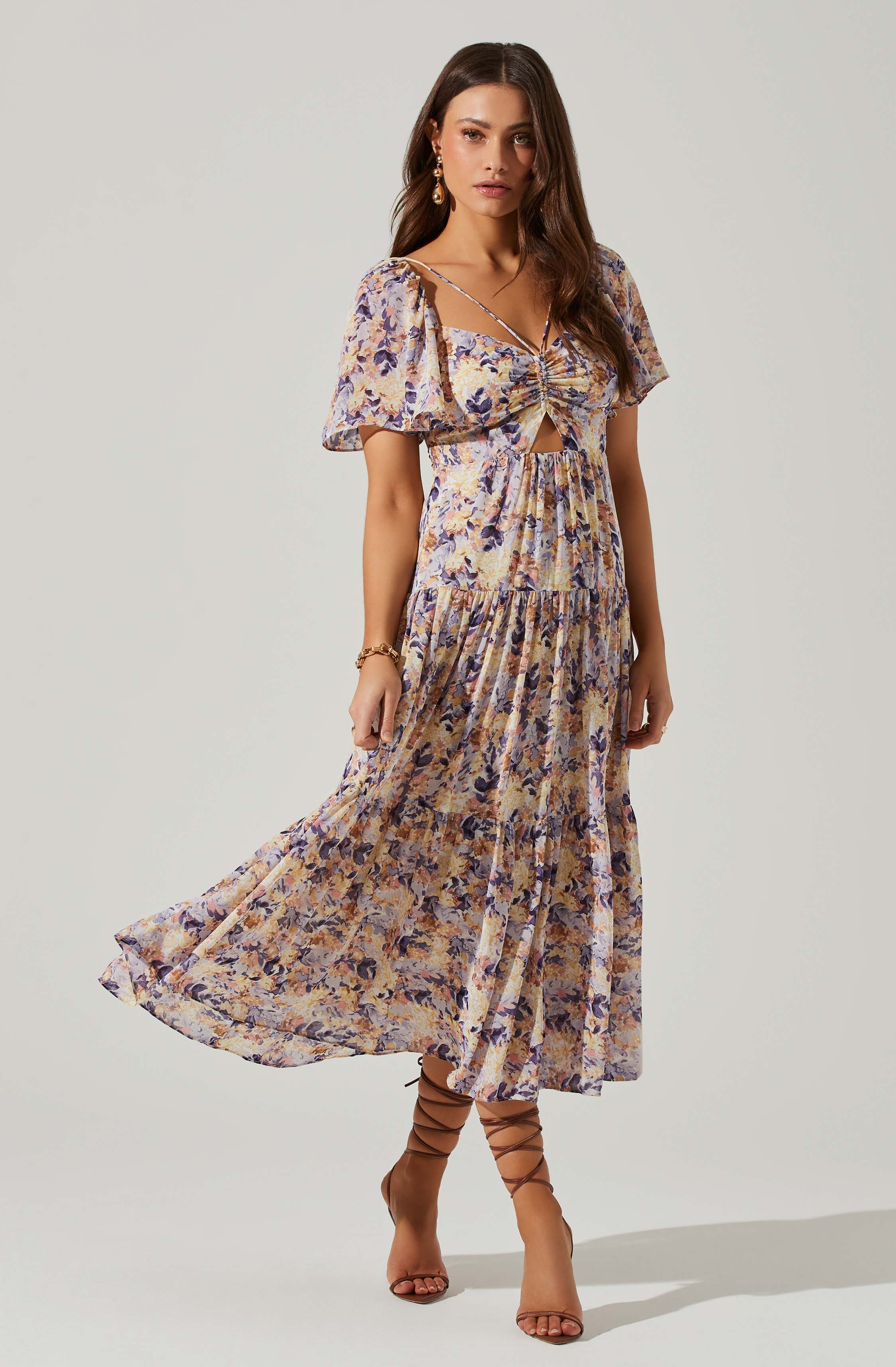 Floral Cinched Bust Cutout Center Midi Dress-Aljck