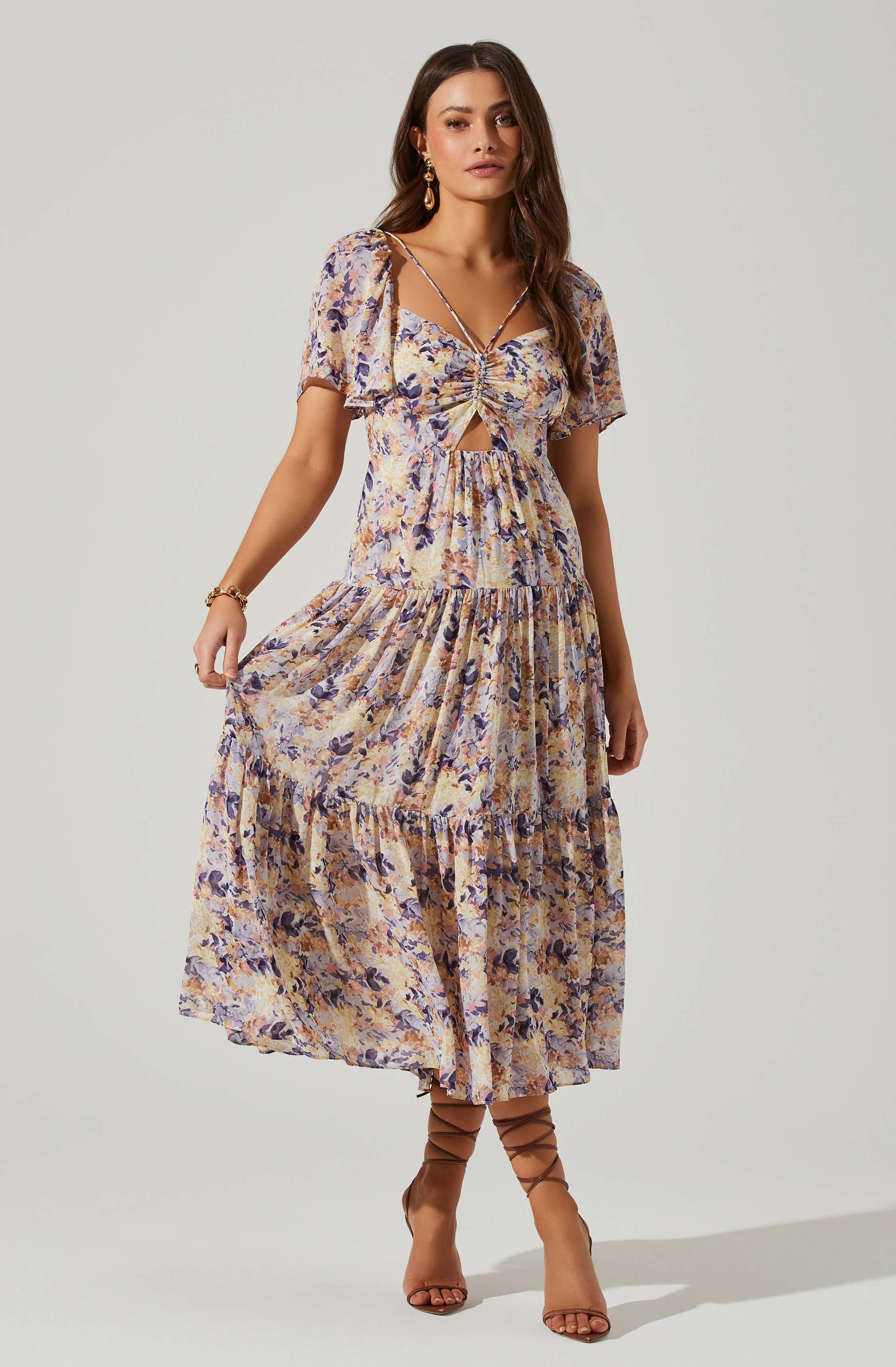 Floral Cinched Bust Cutout Center Midi Dress-Aljck