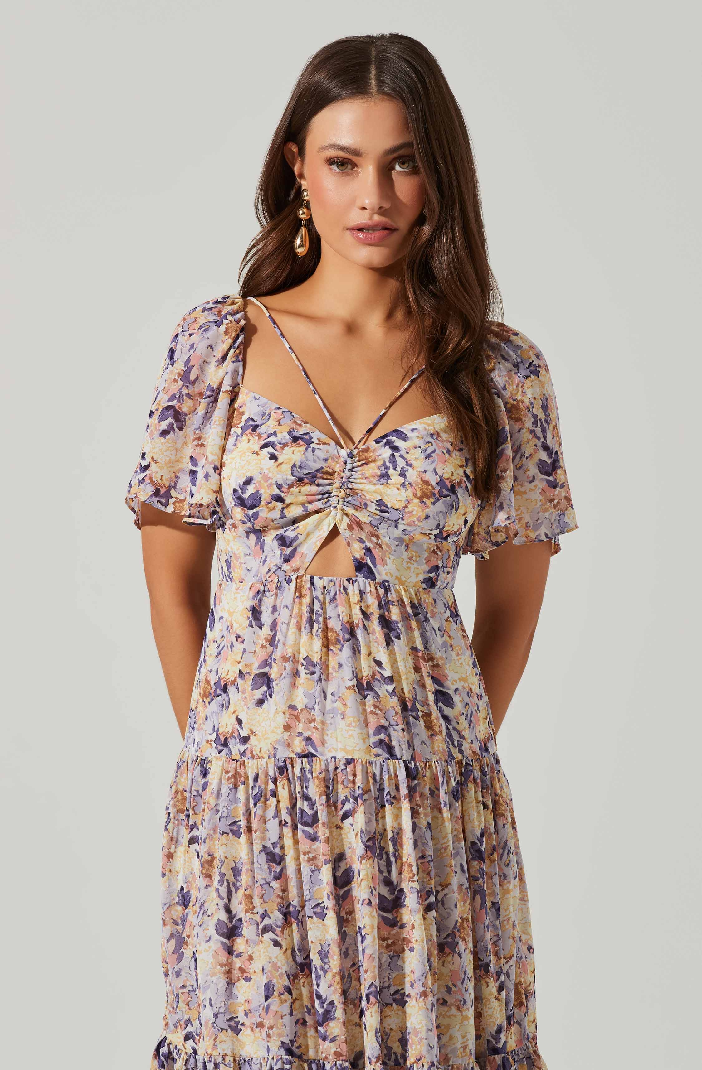 Floral Cinched Bust Cutout Center Midi Dress-Aljck