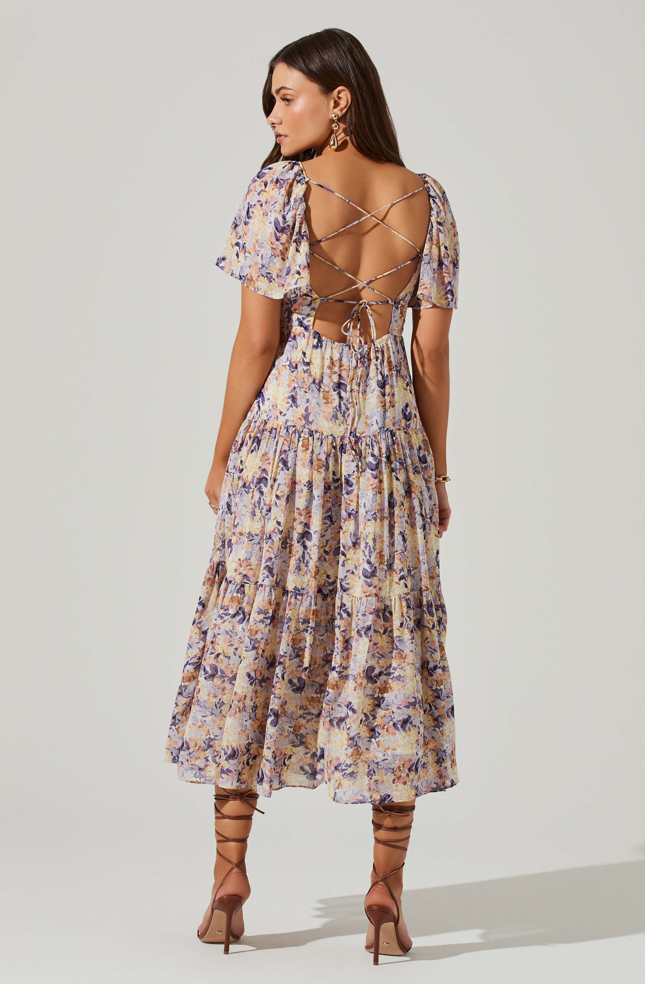 Floral Cinched Bust Cutout Center Midi Dress-Aljck