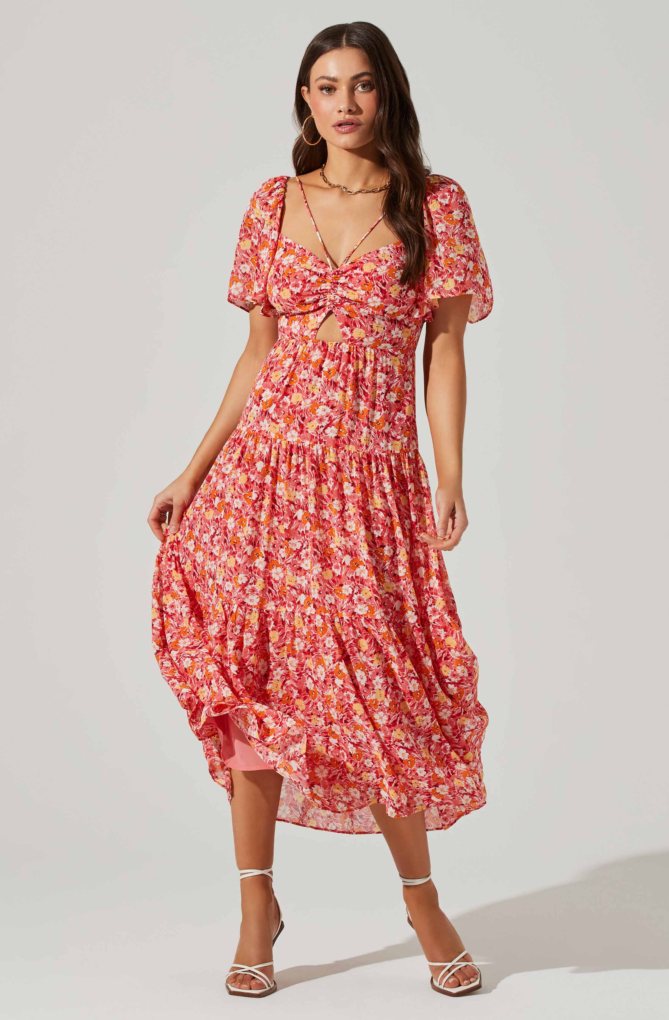 Floral Cinched Bust Cutout Center Midi Dress-Aljck