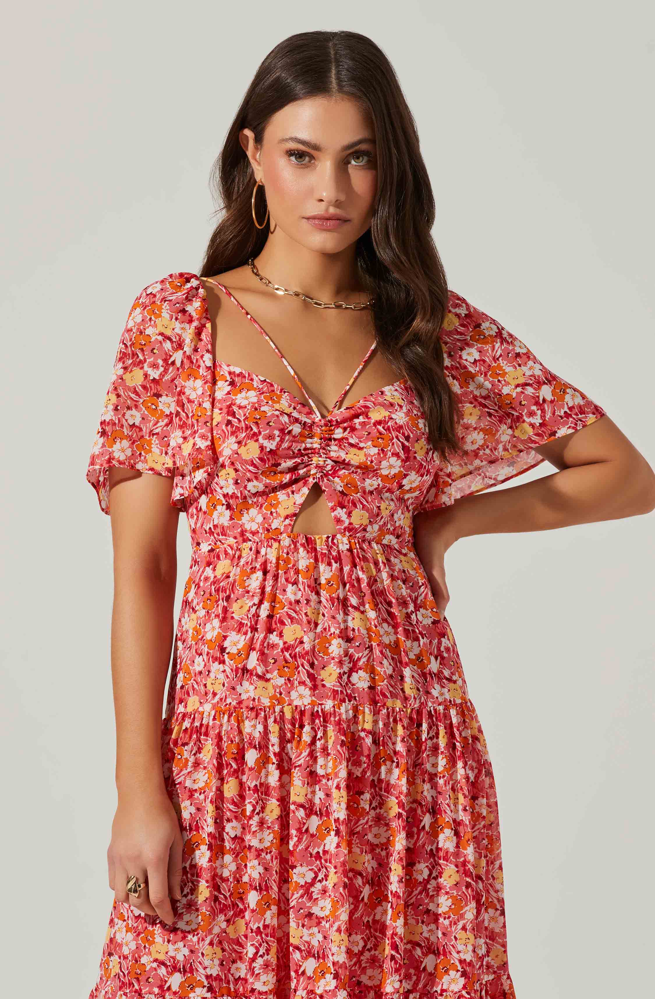 Floral Cinched Bust Cutout Center Midi Dress-Aljck