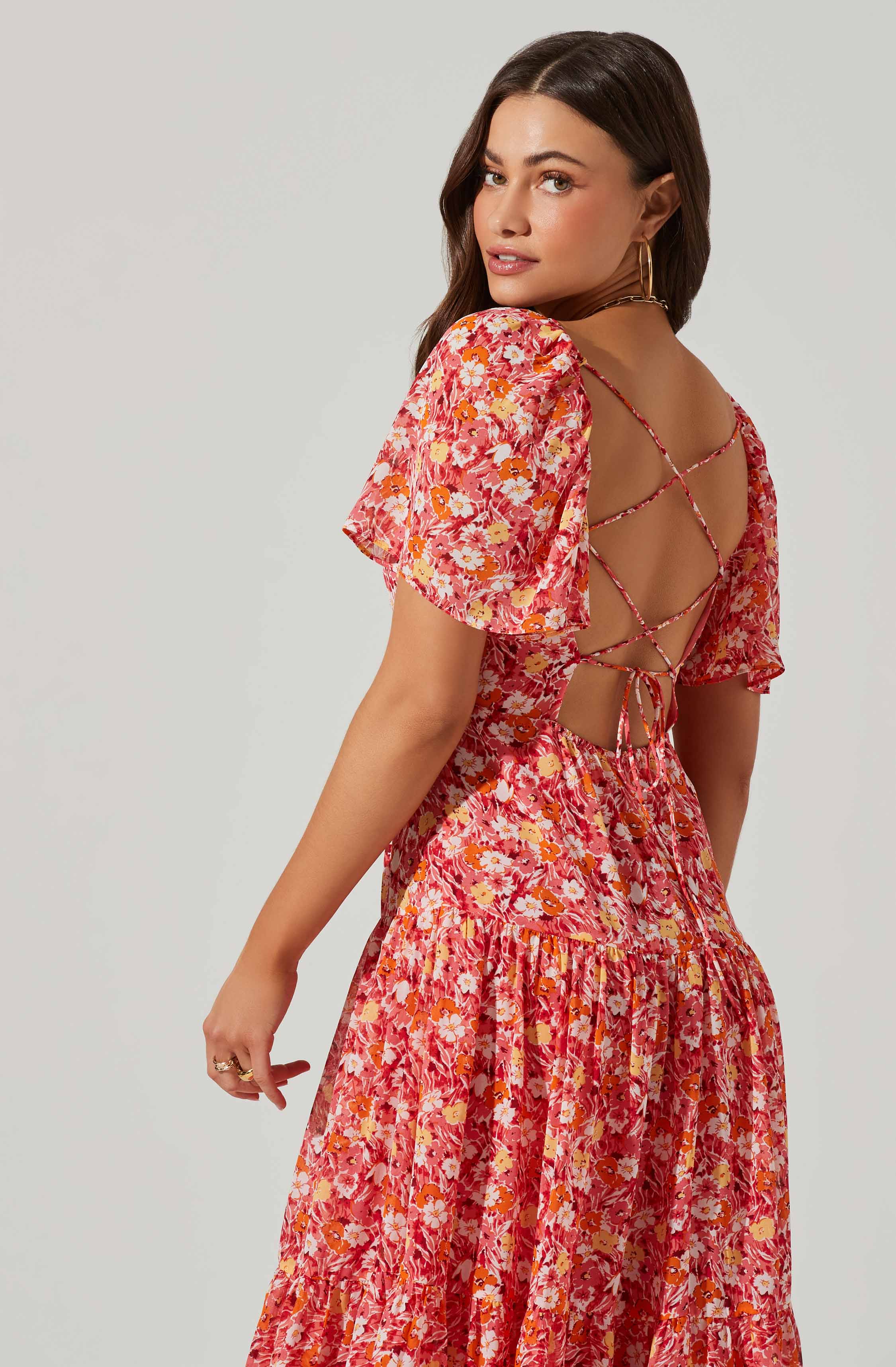 Floral Cinched Bust Cutout Center Midi Dress-Aljck