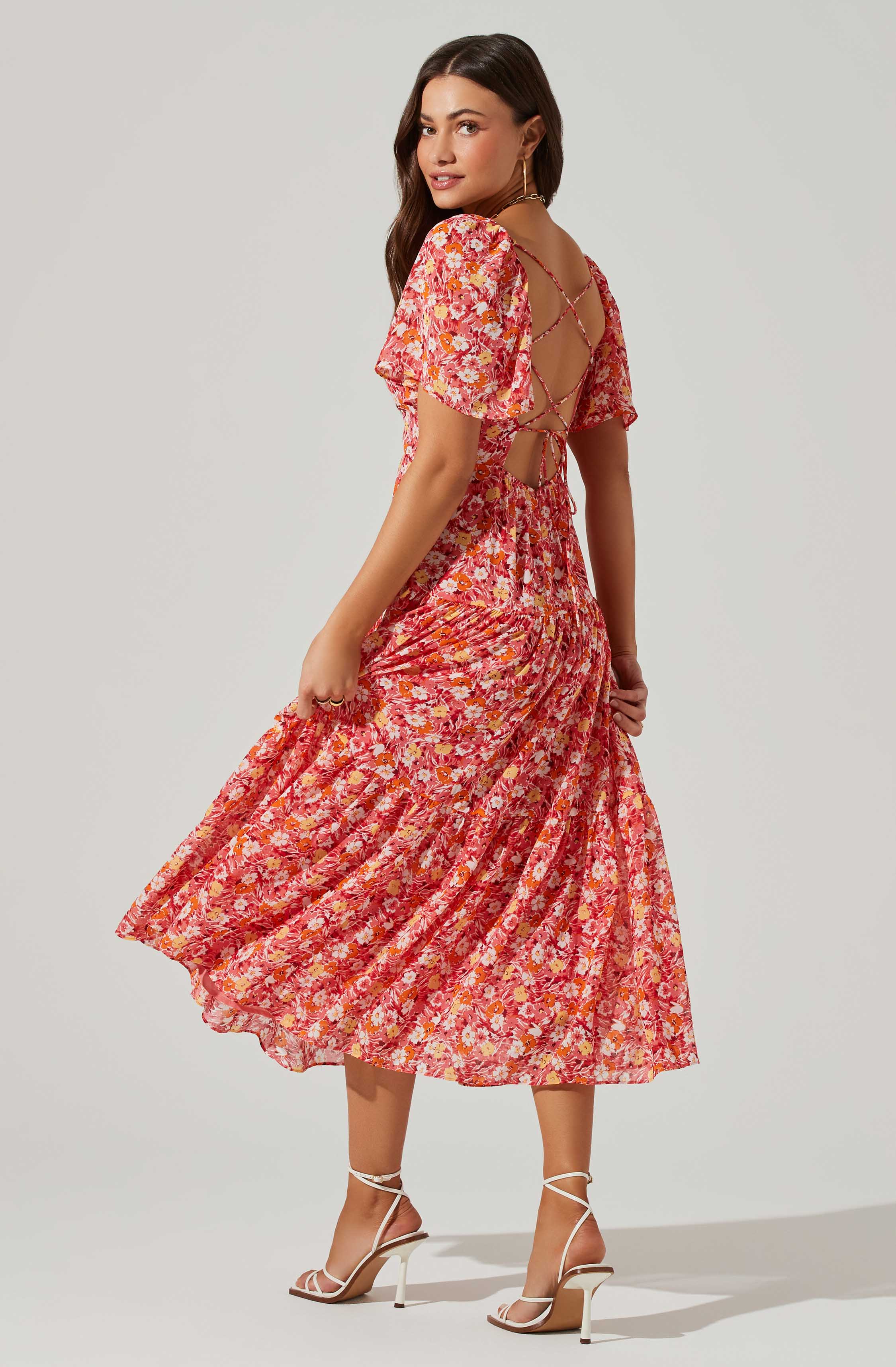 Floral Cinched Bust Cutout Center Midi Dress-Aljck