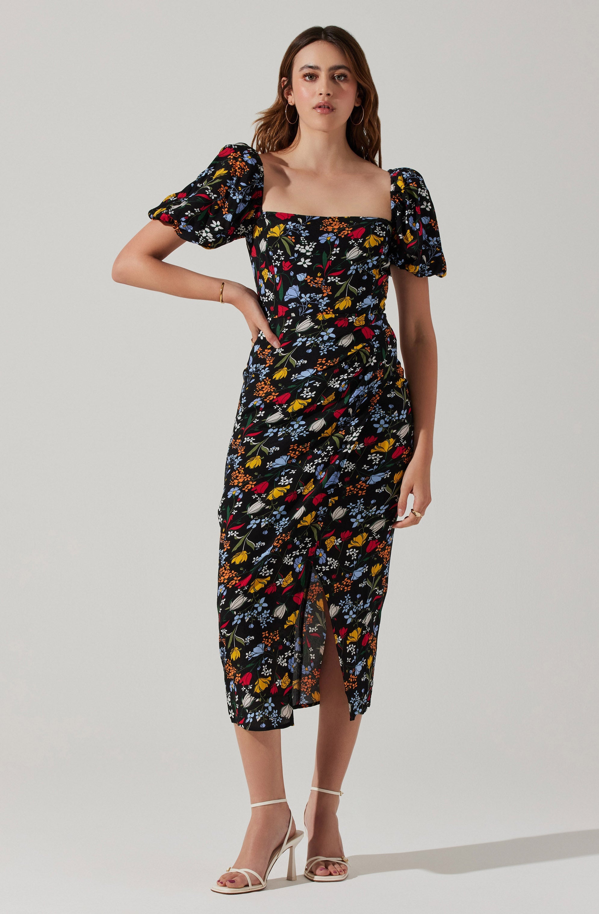 Floral Square Neck Slit Front Midi Dress-Aljck