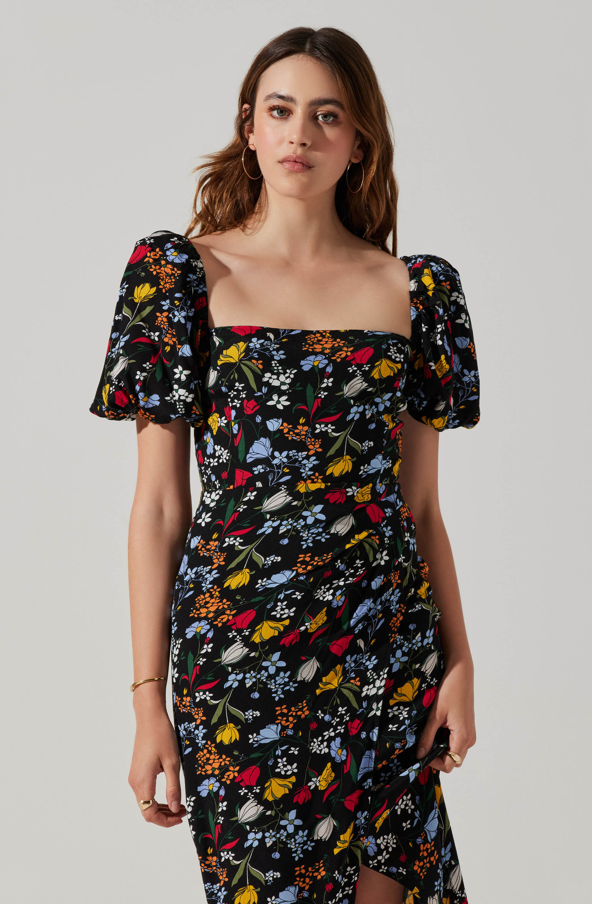 Floral Square Neck Slit Front Midi Dress-Aljck
