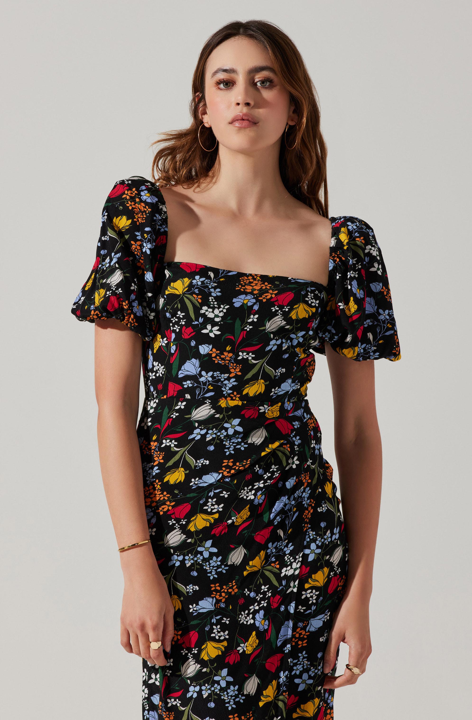 Floral Square Neck Slit Front Midi Dress-Aljck