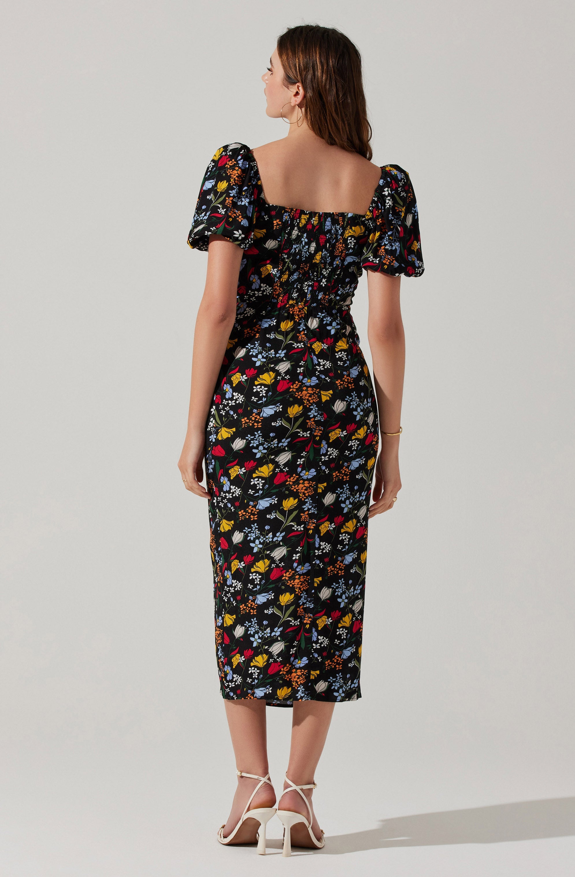 Floral Square Neck Slit Front Midi Dress-Aljck