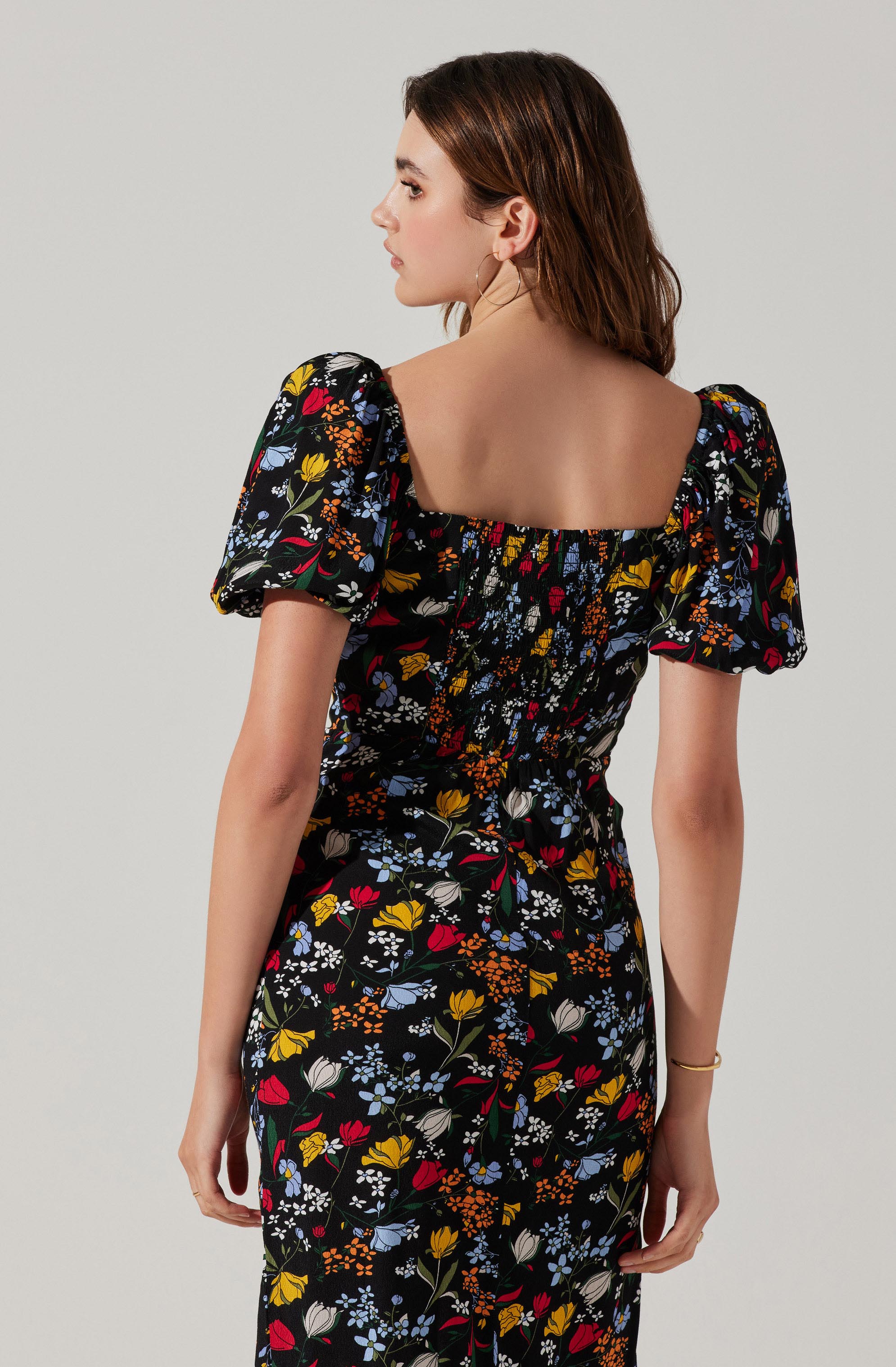 Floral Square Neck Slit Front Midi Dress-Aljck