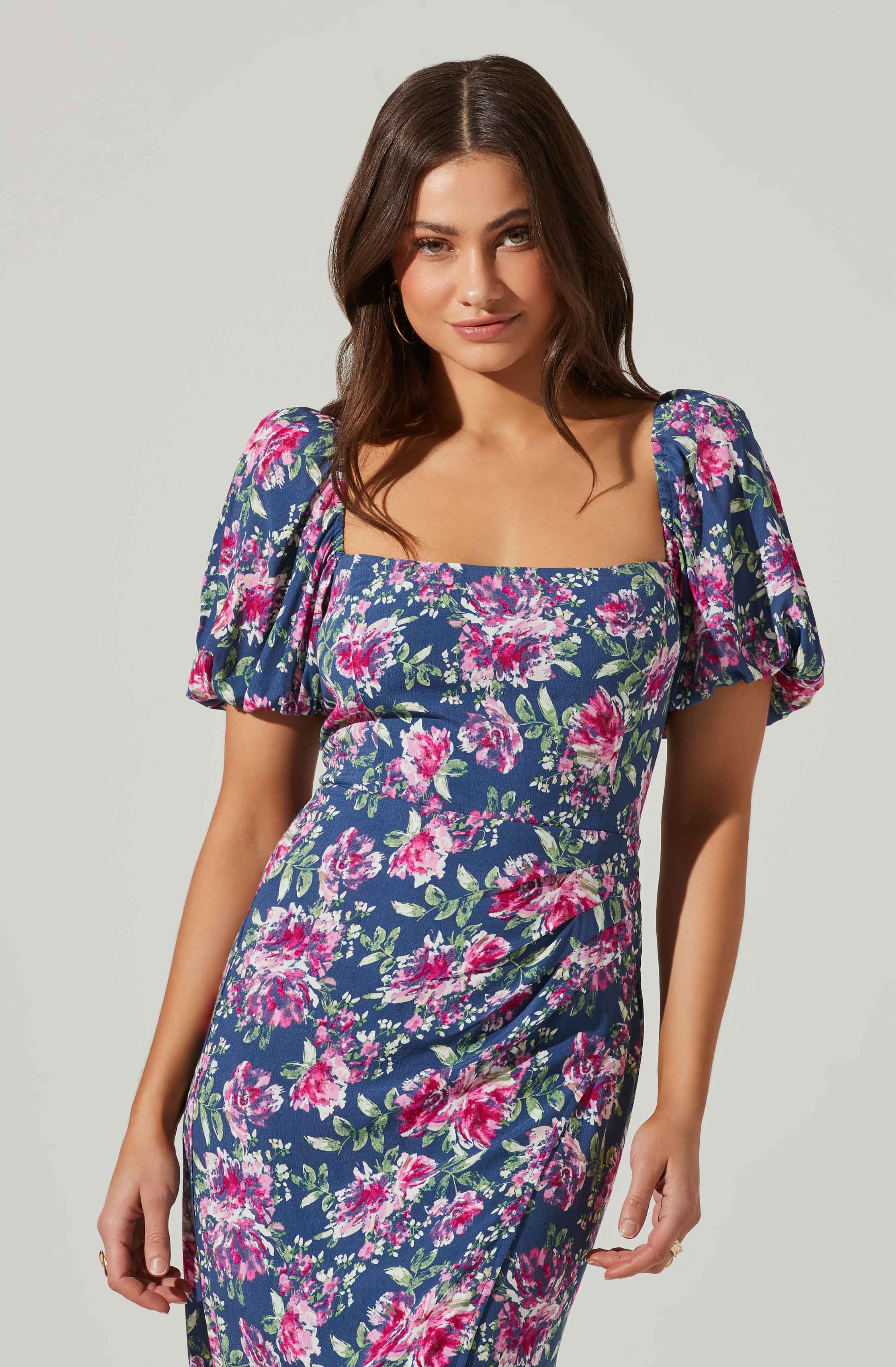 Floral Square Neck Slit Front Midi Dress-Aljck