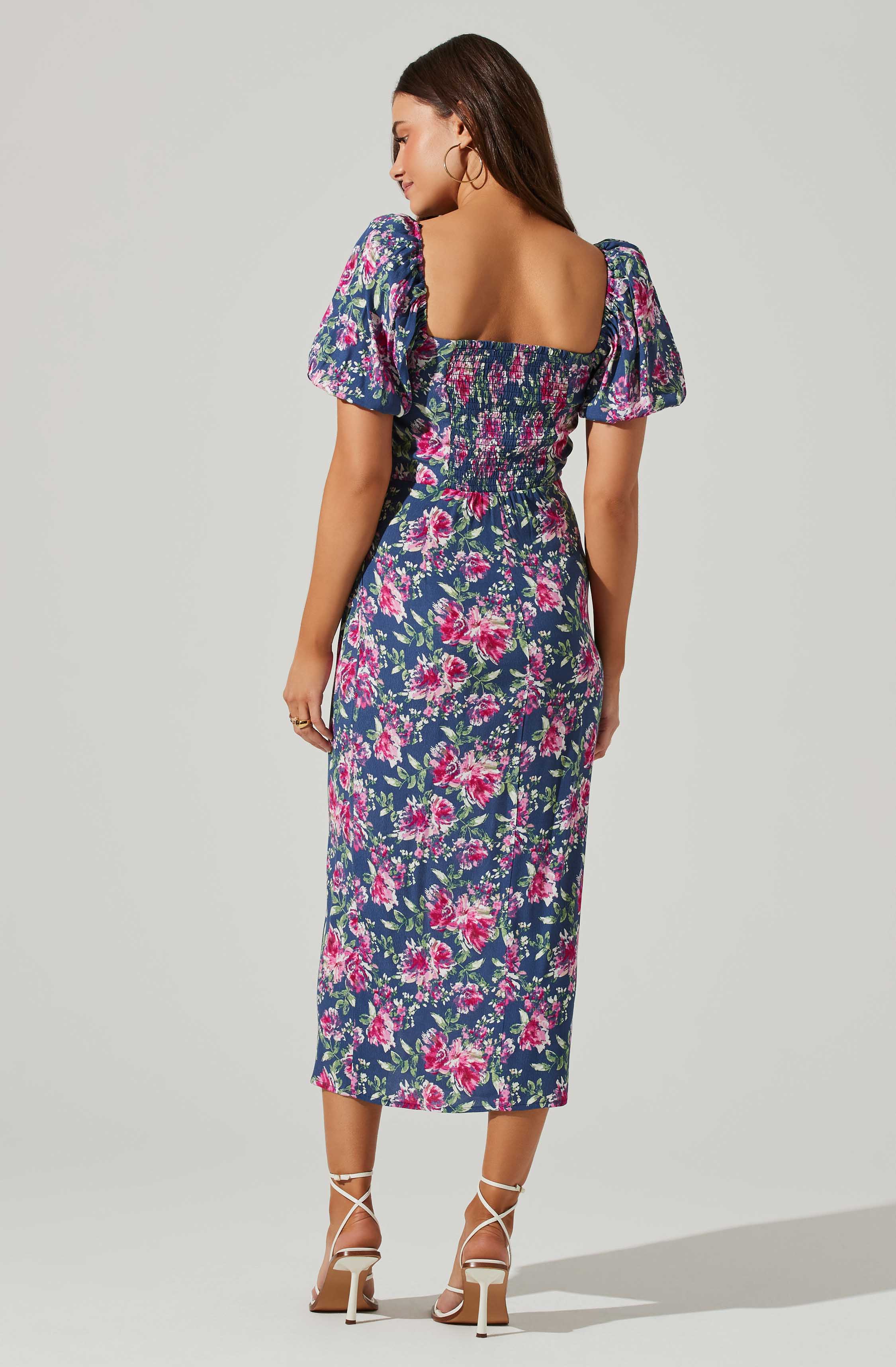 Floral Square Neck Slit Front Midi Dress-Aljck