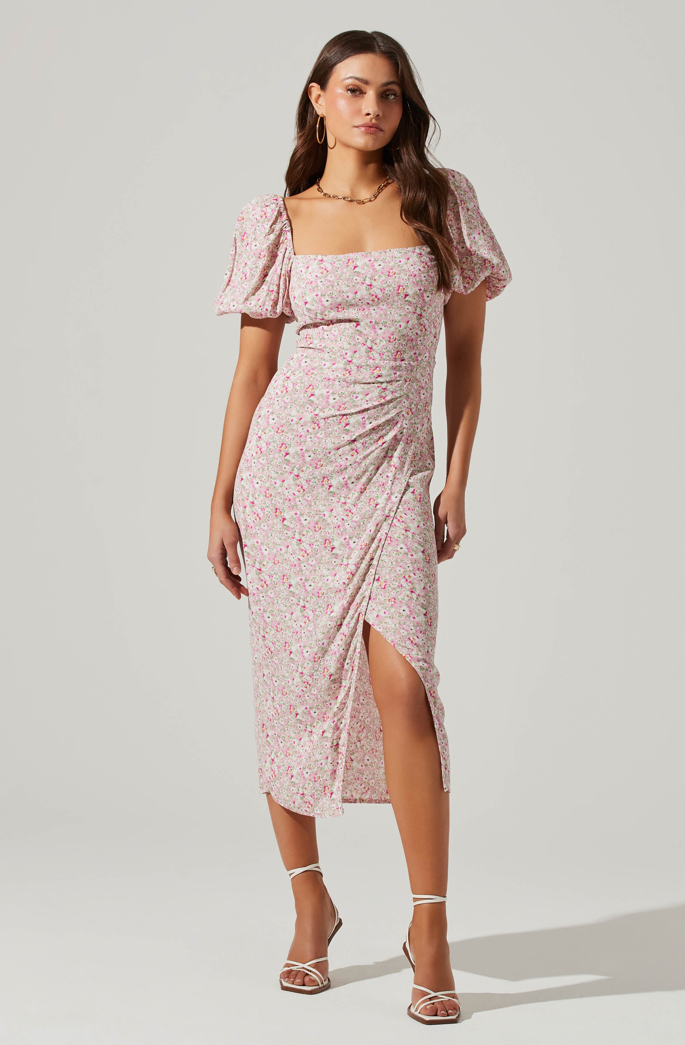 Floral Square Neck Slit Front Midi Dress-Aljck