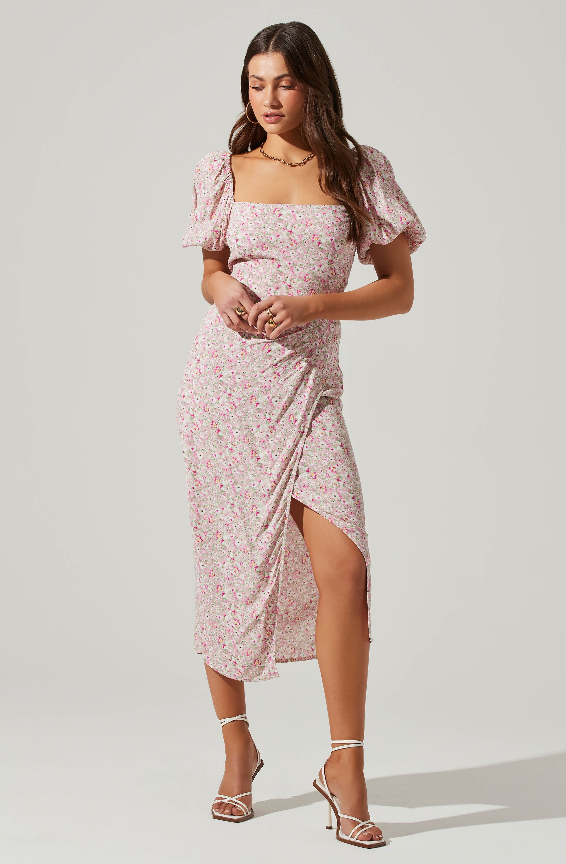 Floral Square Neck Slit Front Midi Dress-Aljck
