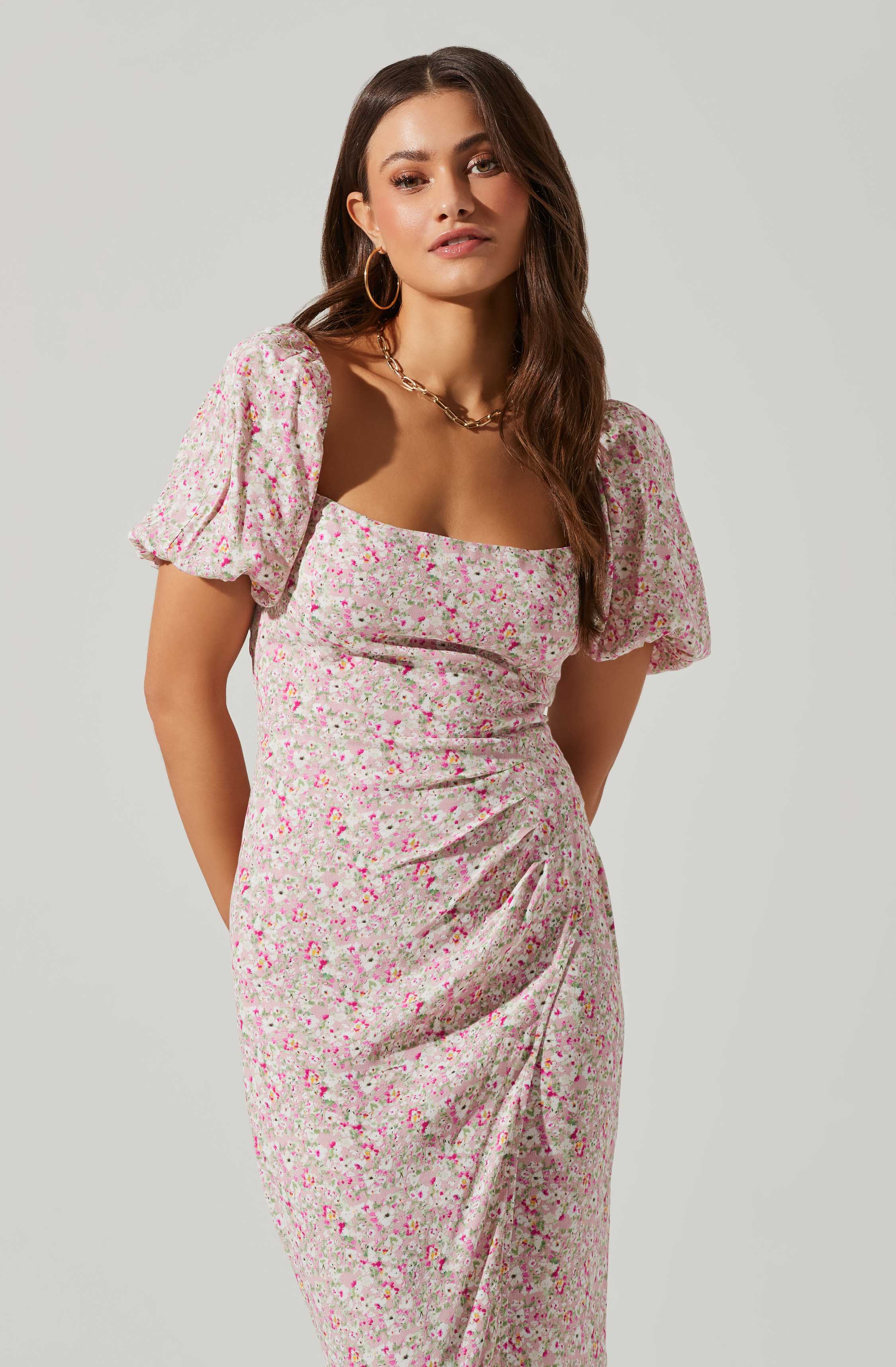Floral Square Neck Slit Front Midi Dress-Aljck