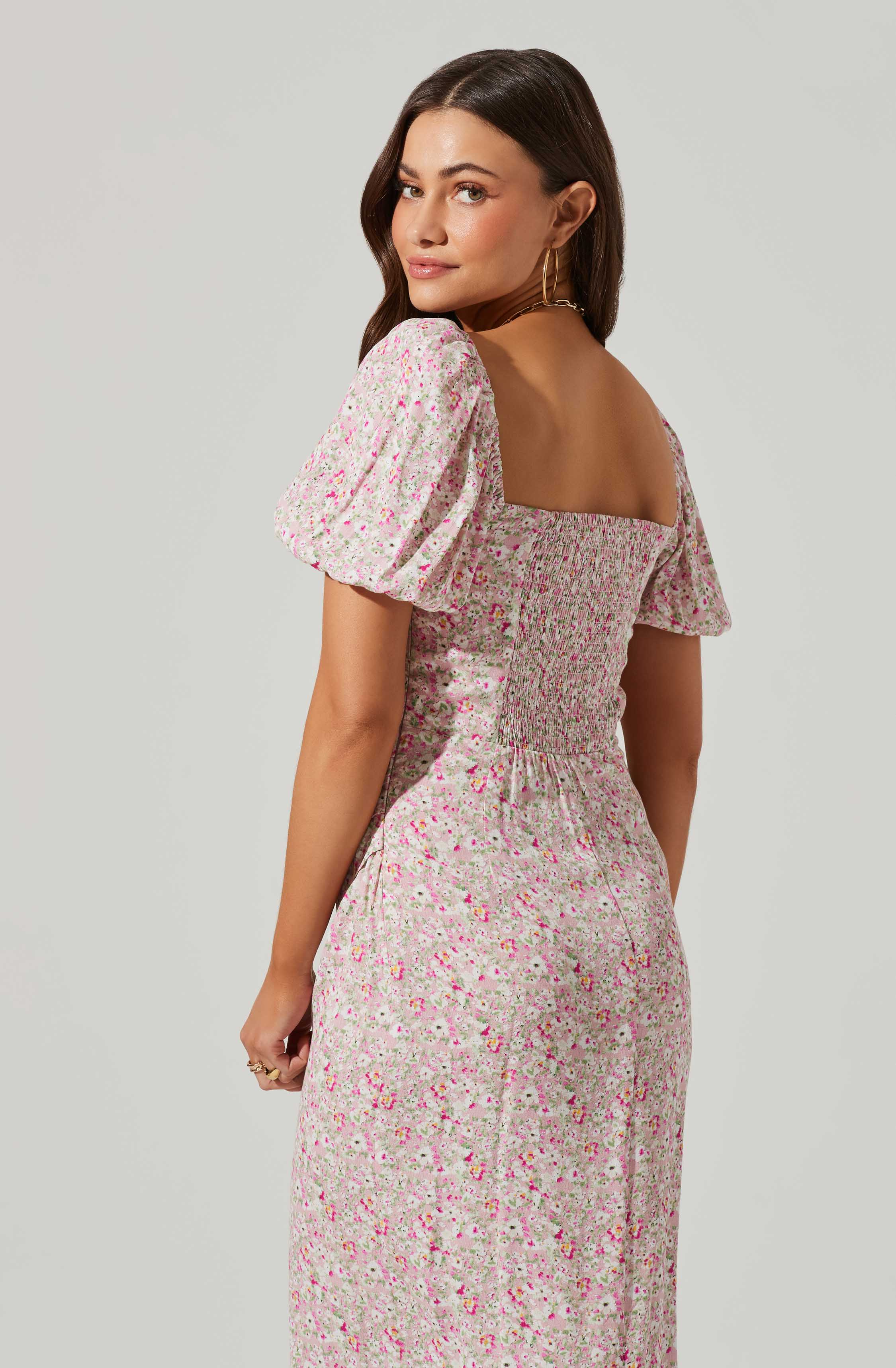 Floral Square Neck Slit Front Midi Dress-Aljck