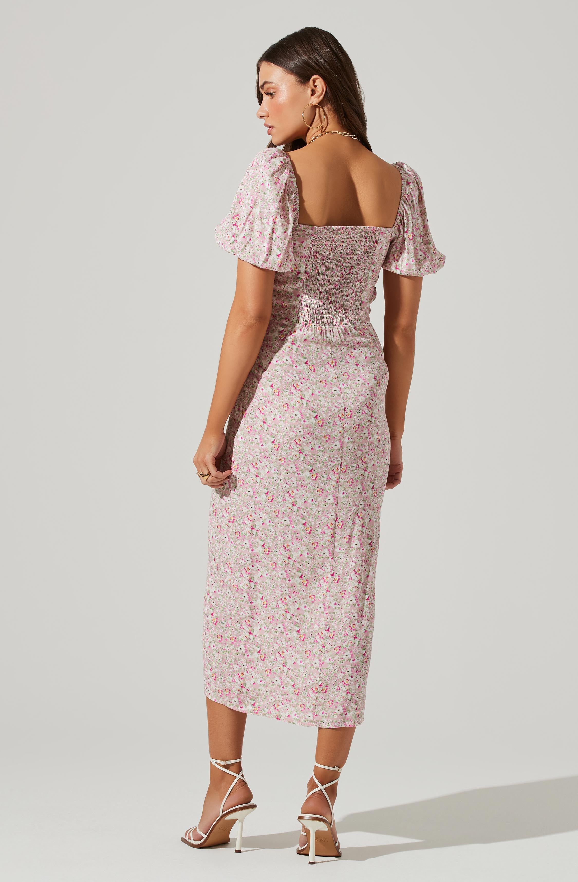 Floral Square Neck Slit Front Midi Dress-Aljck