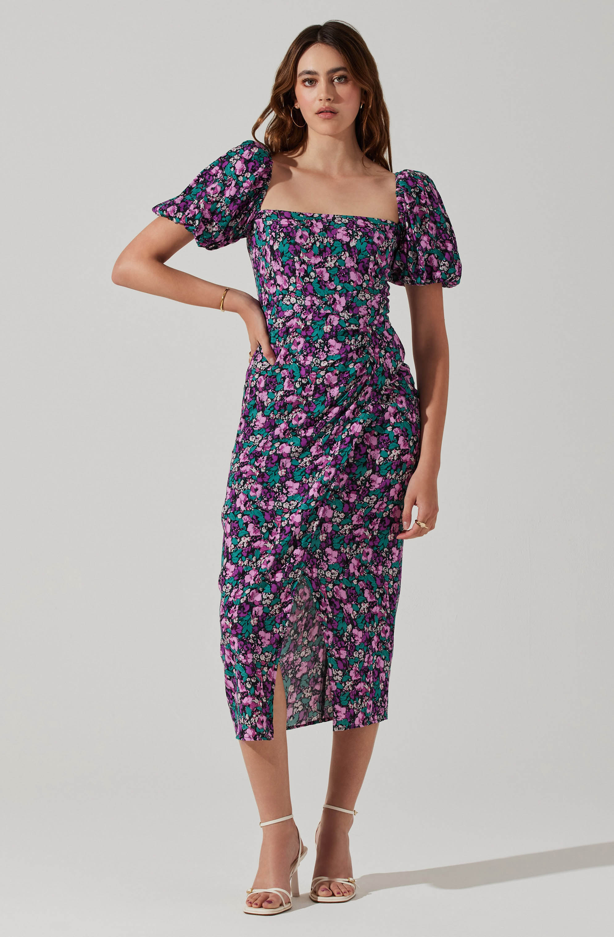 Floral Square Neck Slit Front Midi Dress-Aljck