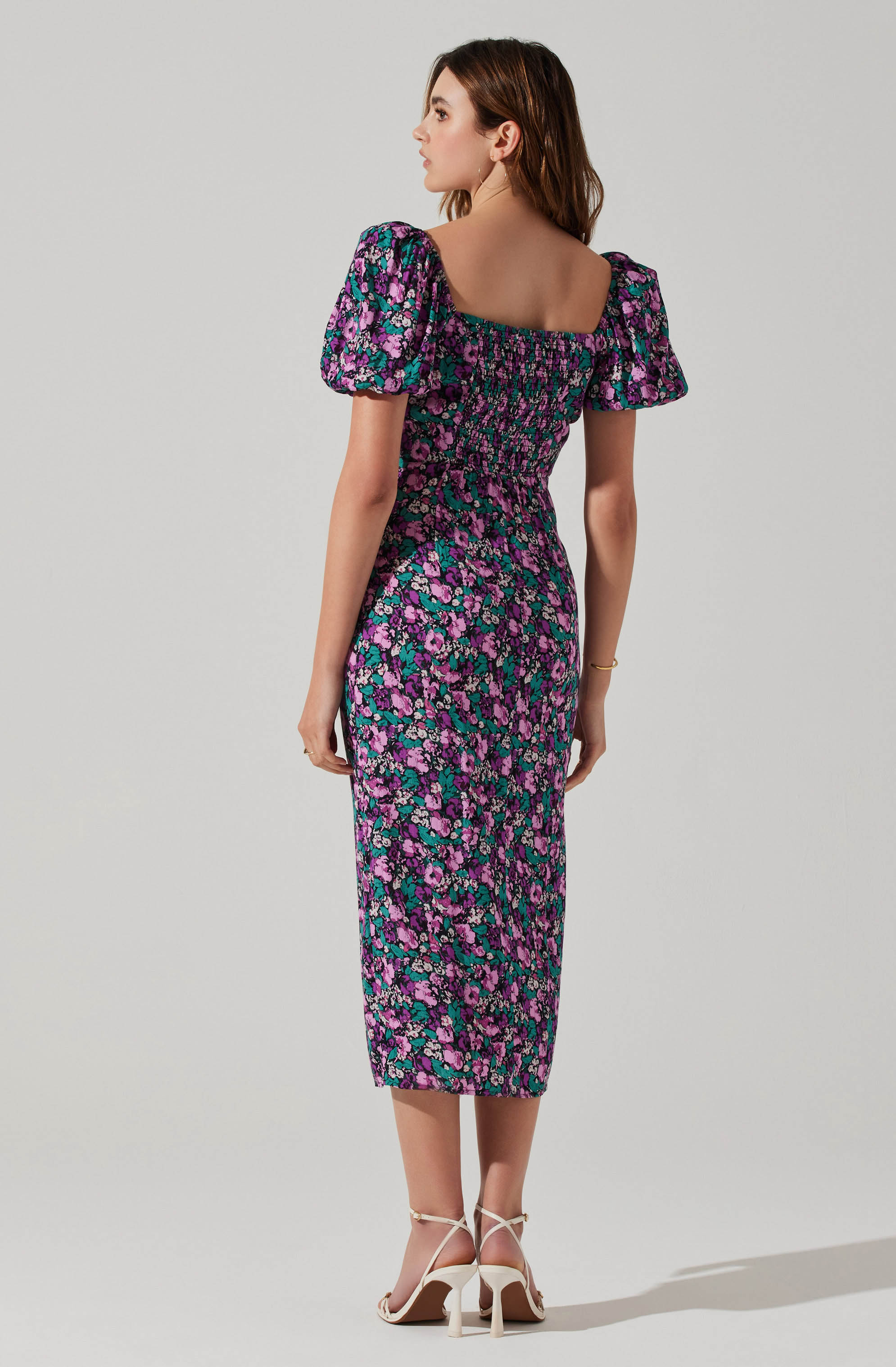 Floral Square Neck Slit Front Midi Dress-Aljck