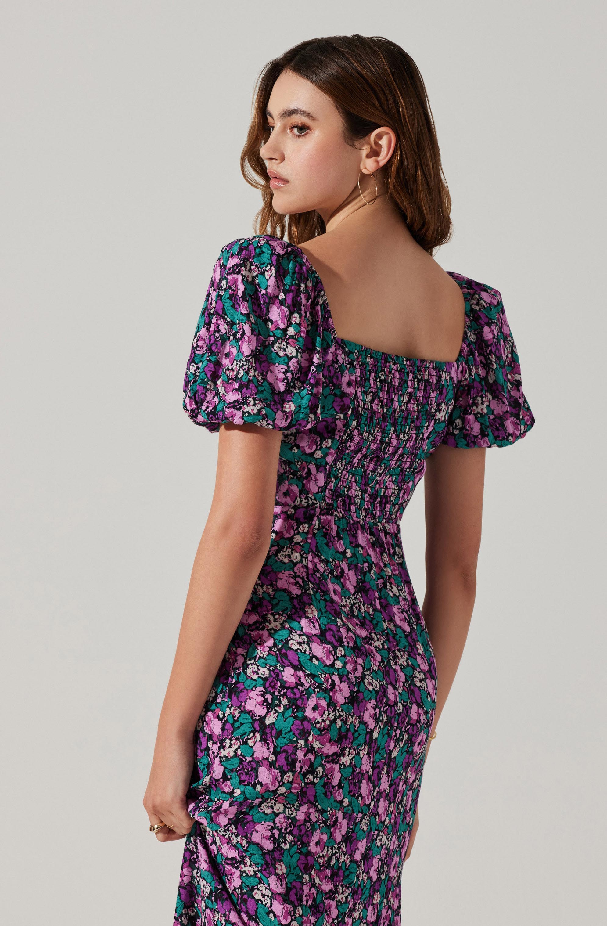 Floral Square Neck Slit Front Midi Dress-Aljck