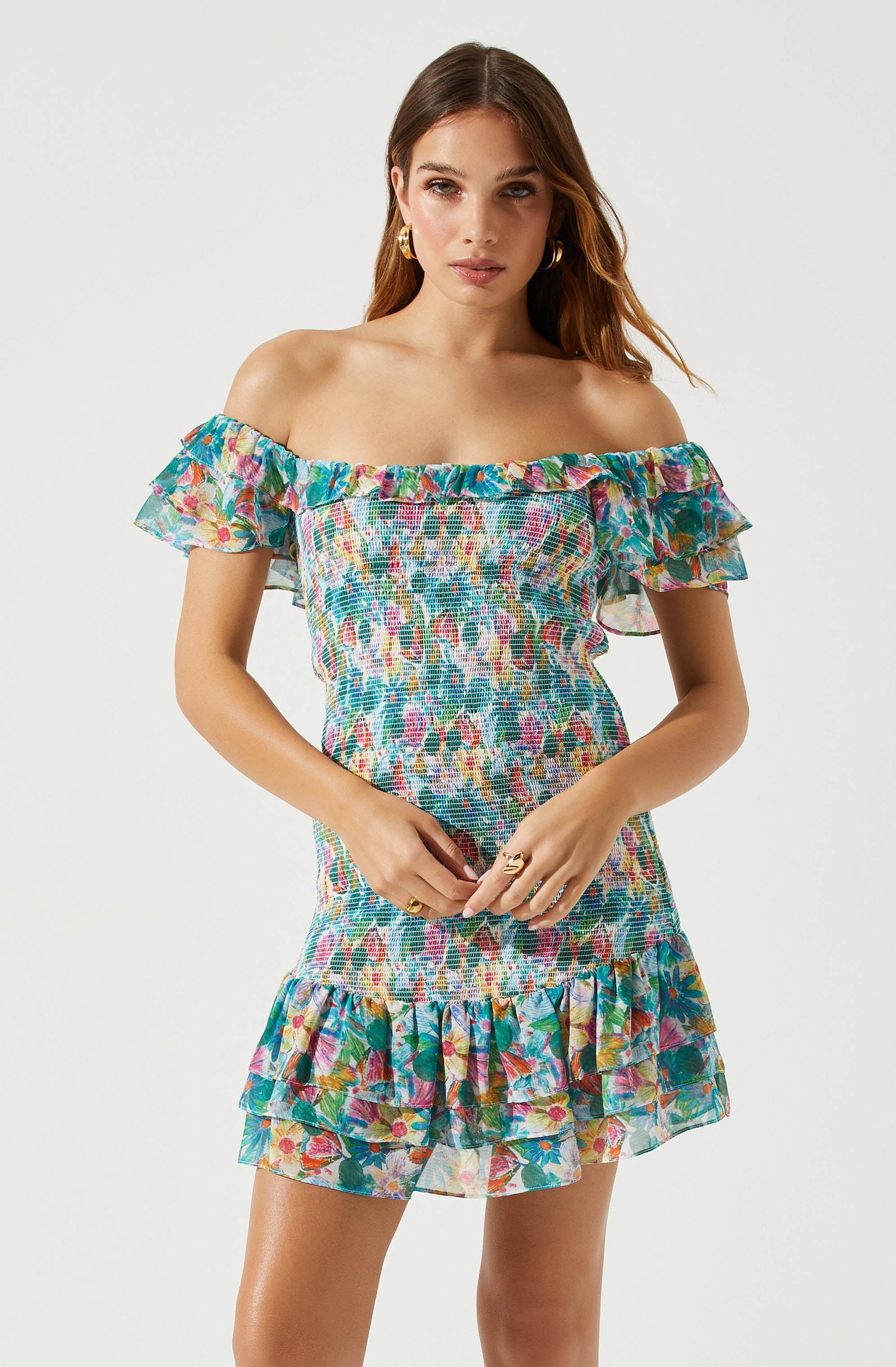 Flutter Sleeve Smocked Mini Dress-Aljck