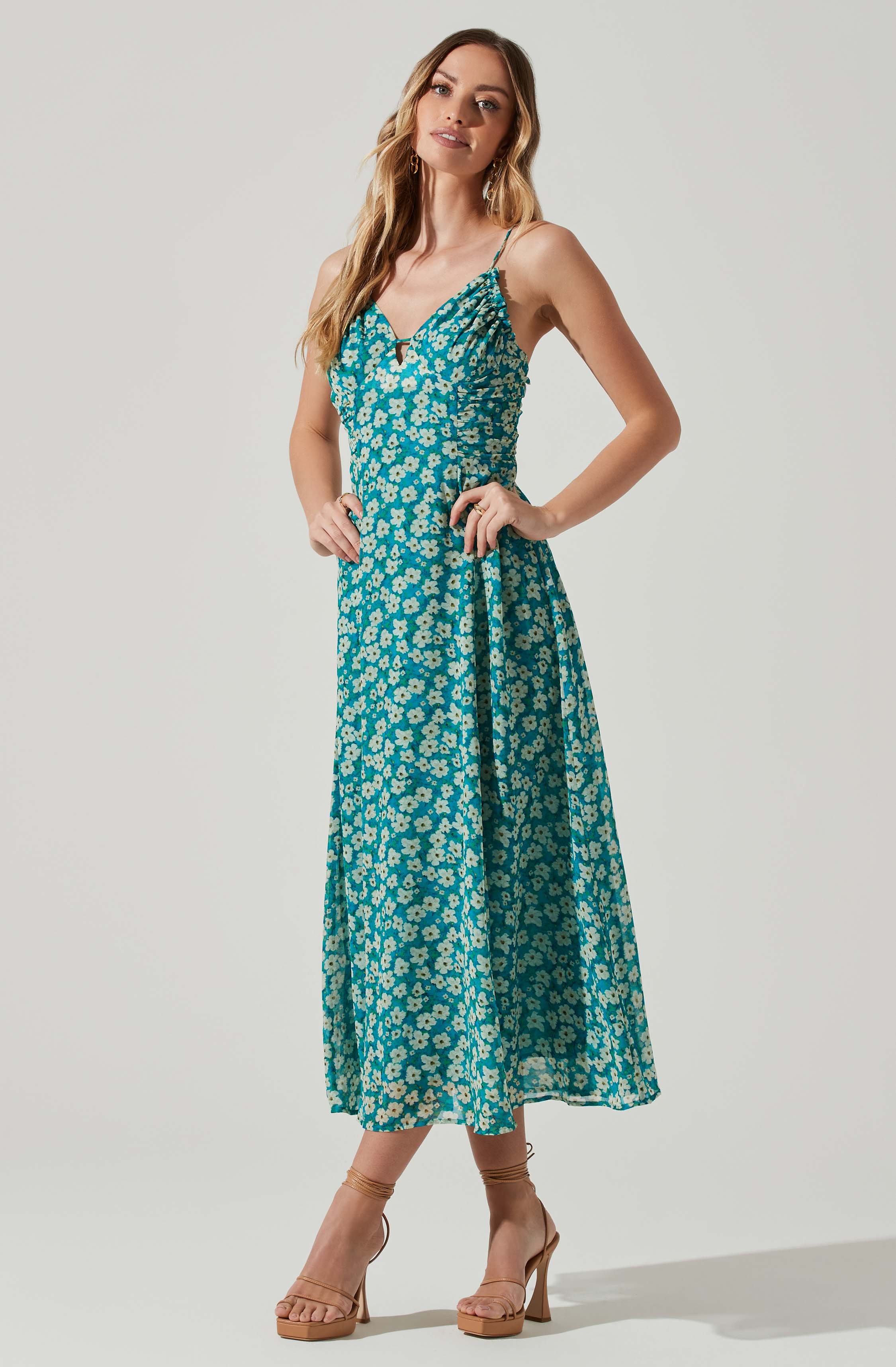 Floral Ruched Bust Midi Dress-Aljck