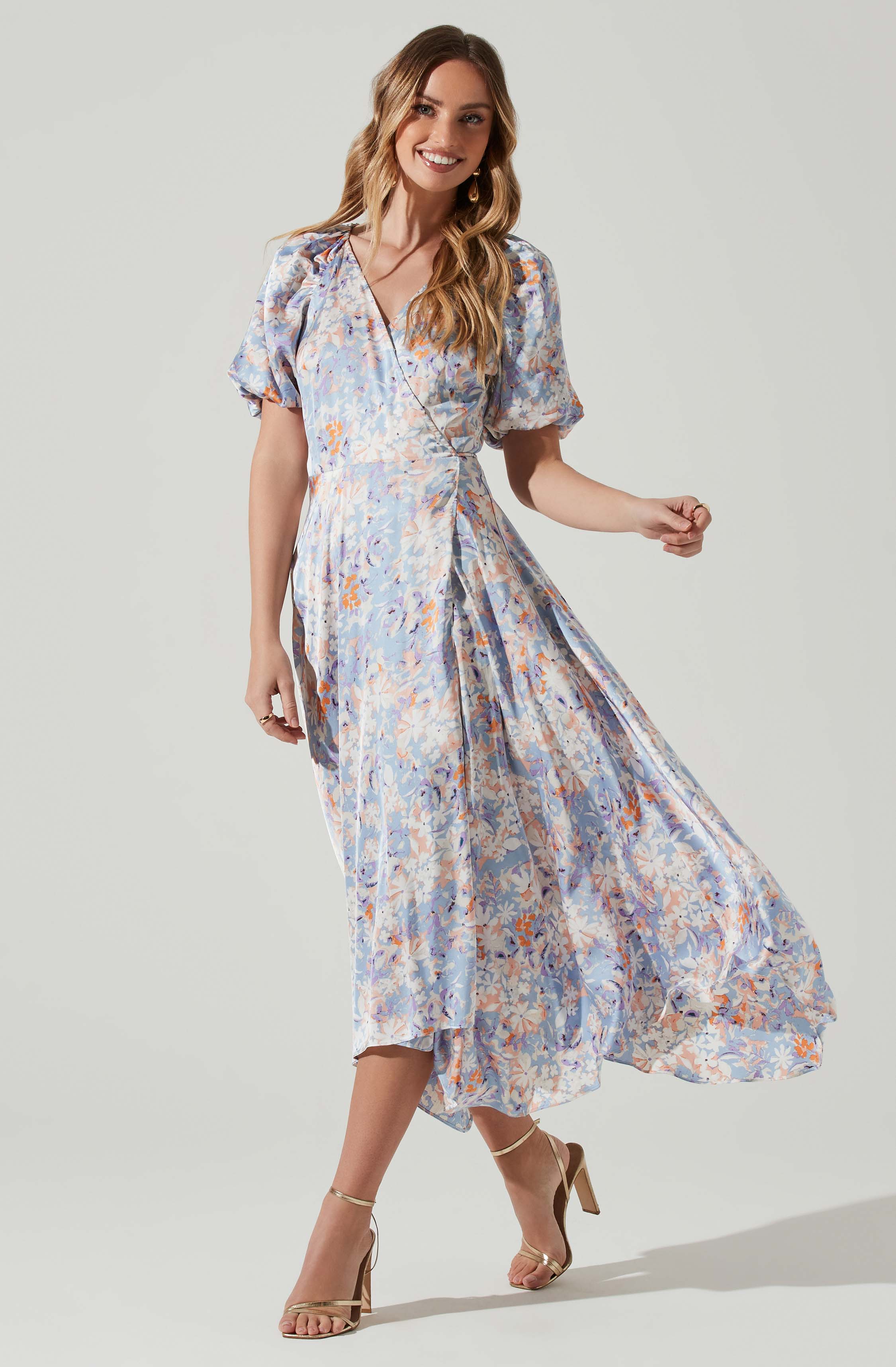 Satin Floral Bubble Sleeve Wrap Midi Dress-Aljck