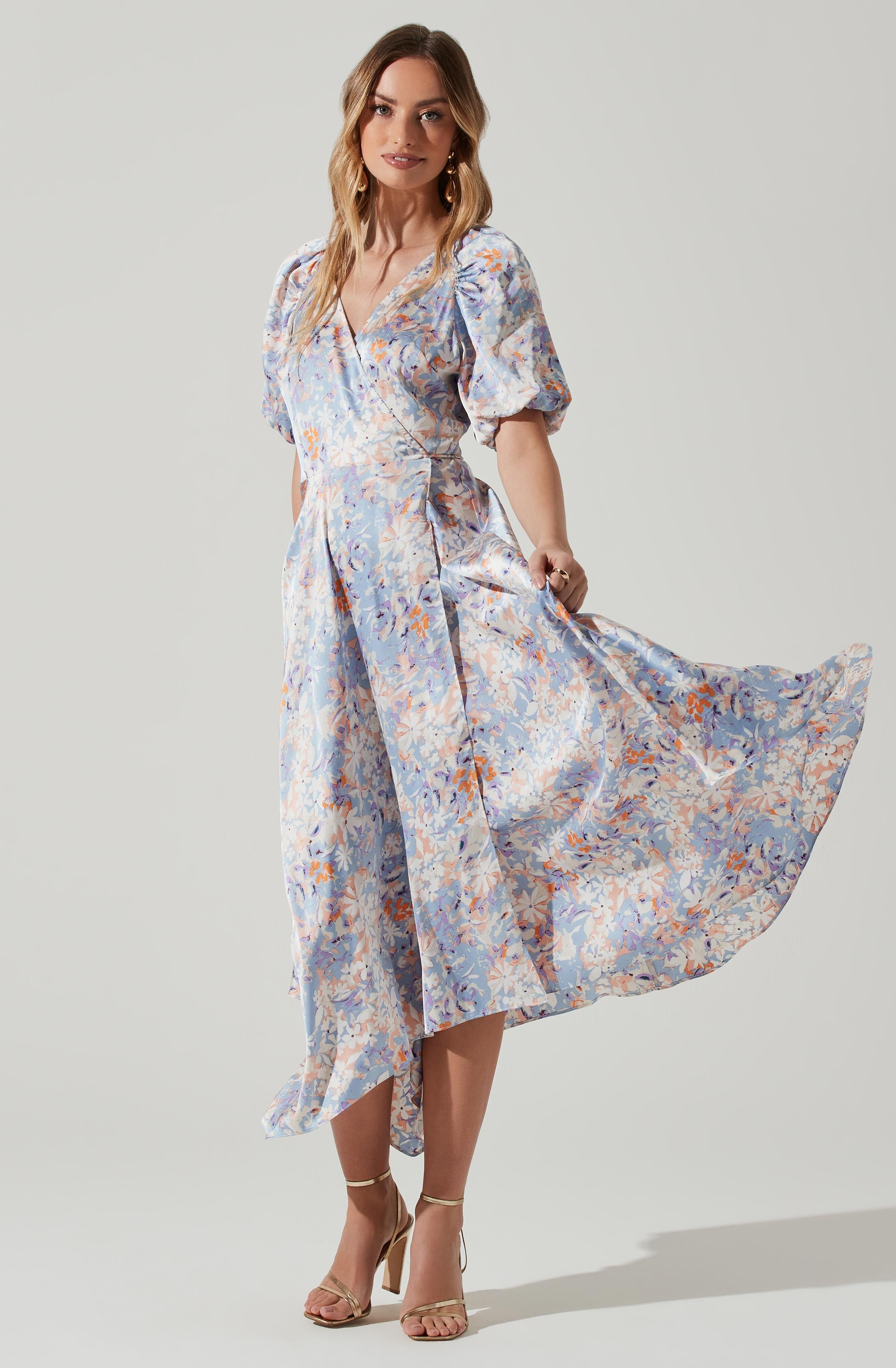 Satin Floral Bubble Sleeve Wrap Midi Dress-Aljck