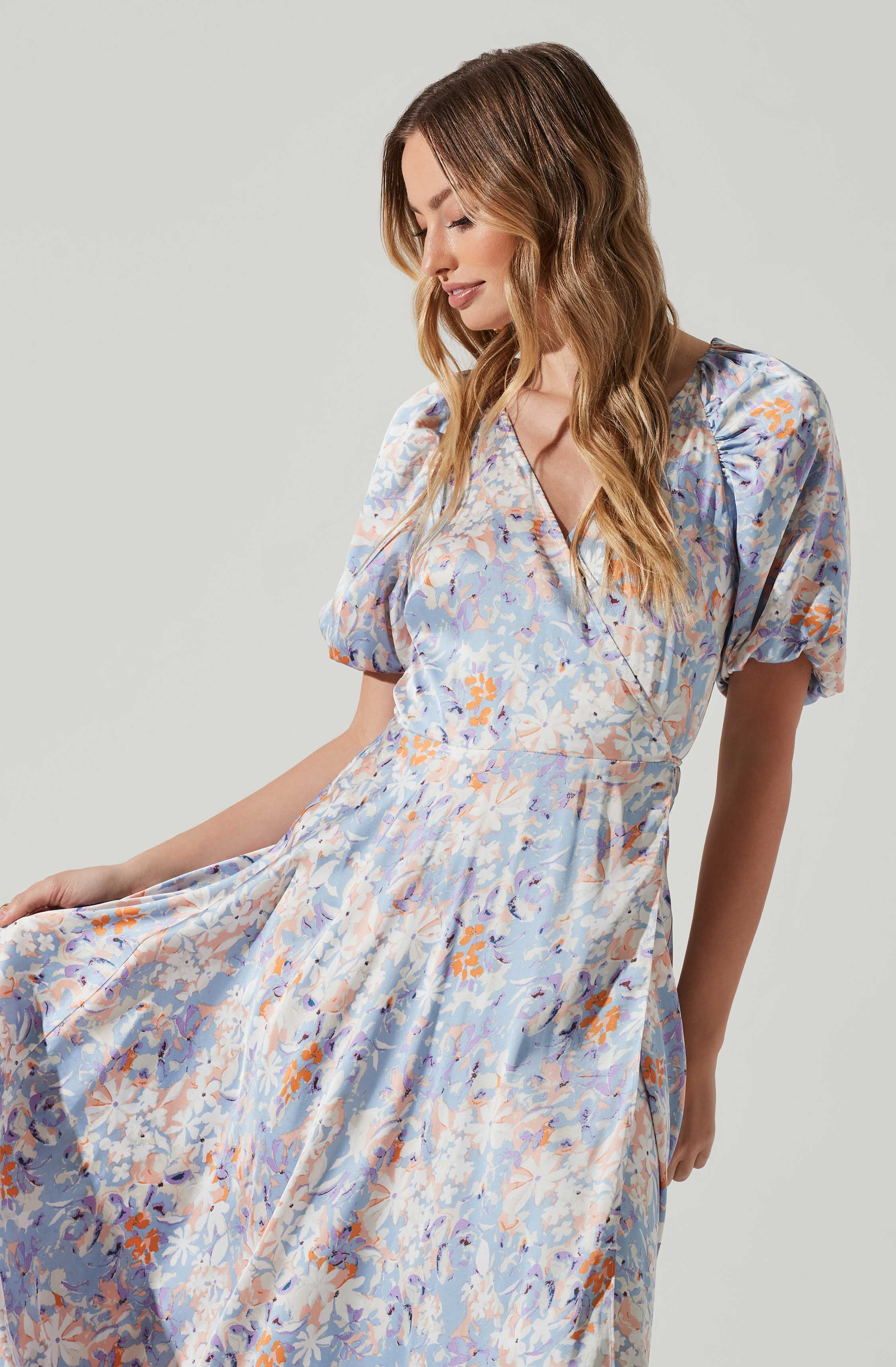 Satin Floral Bubble Sleeve Wrap Midi Dress-Aljck