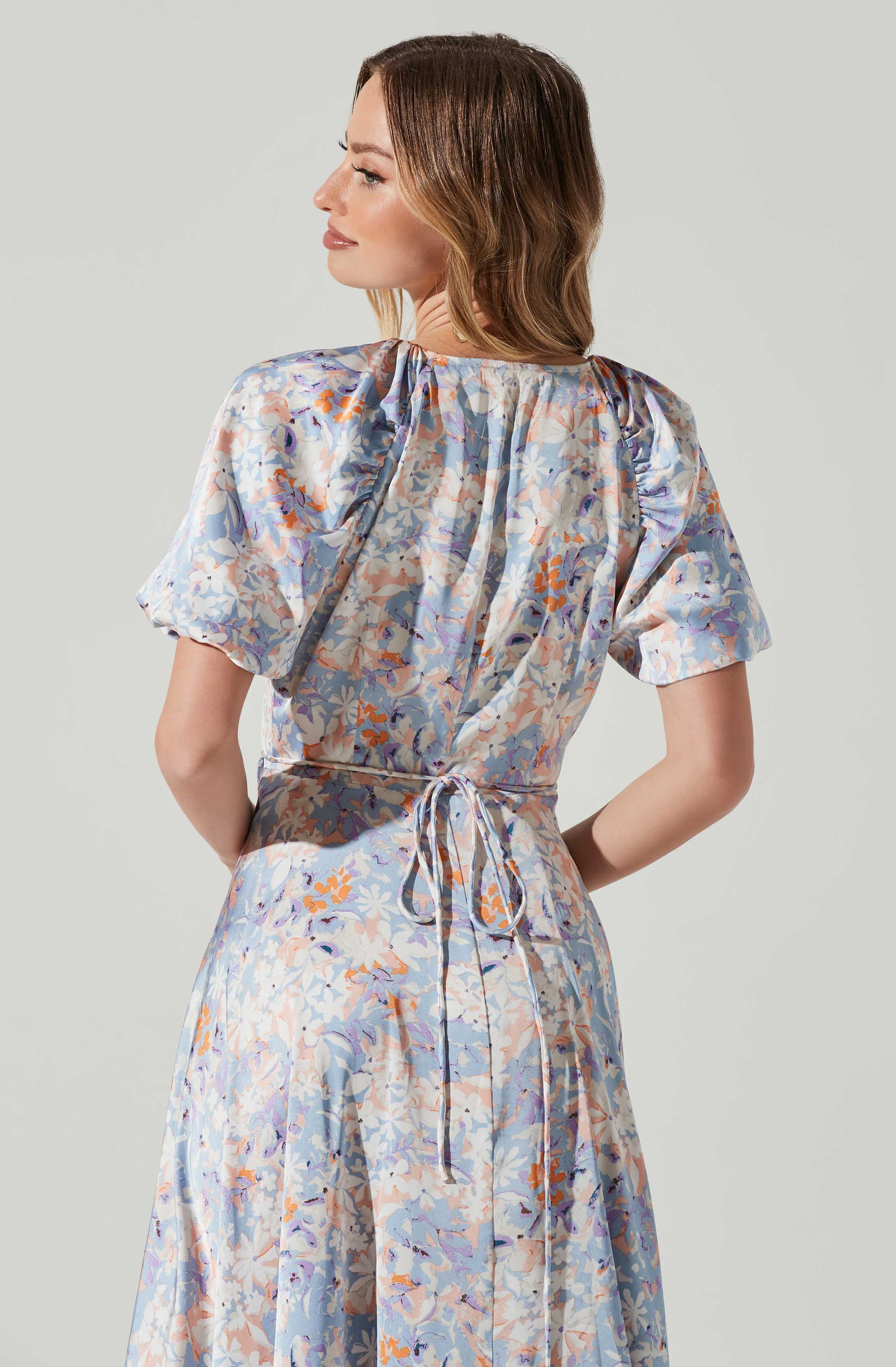 Satin Floral Bubble Sleeve Wrap Midi Dress-Aljck