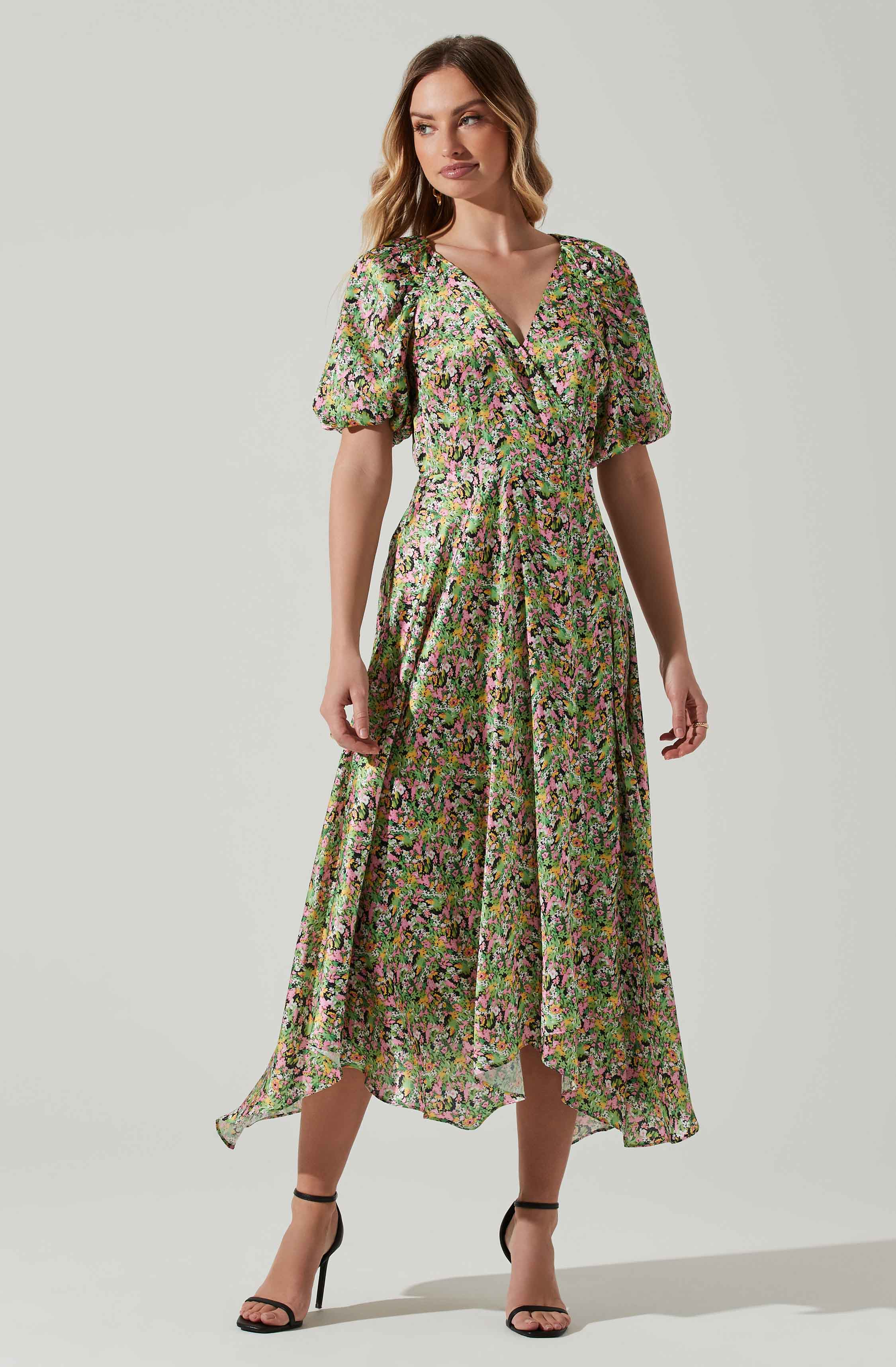Satin Floral Bubble Sleeve Wrap Midi Dress-Aljck